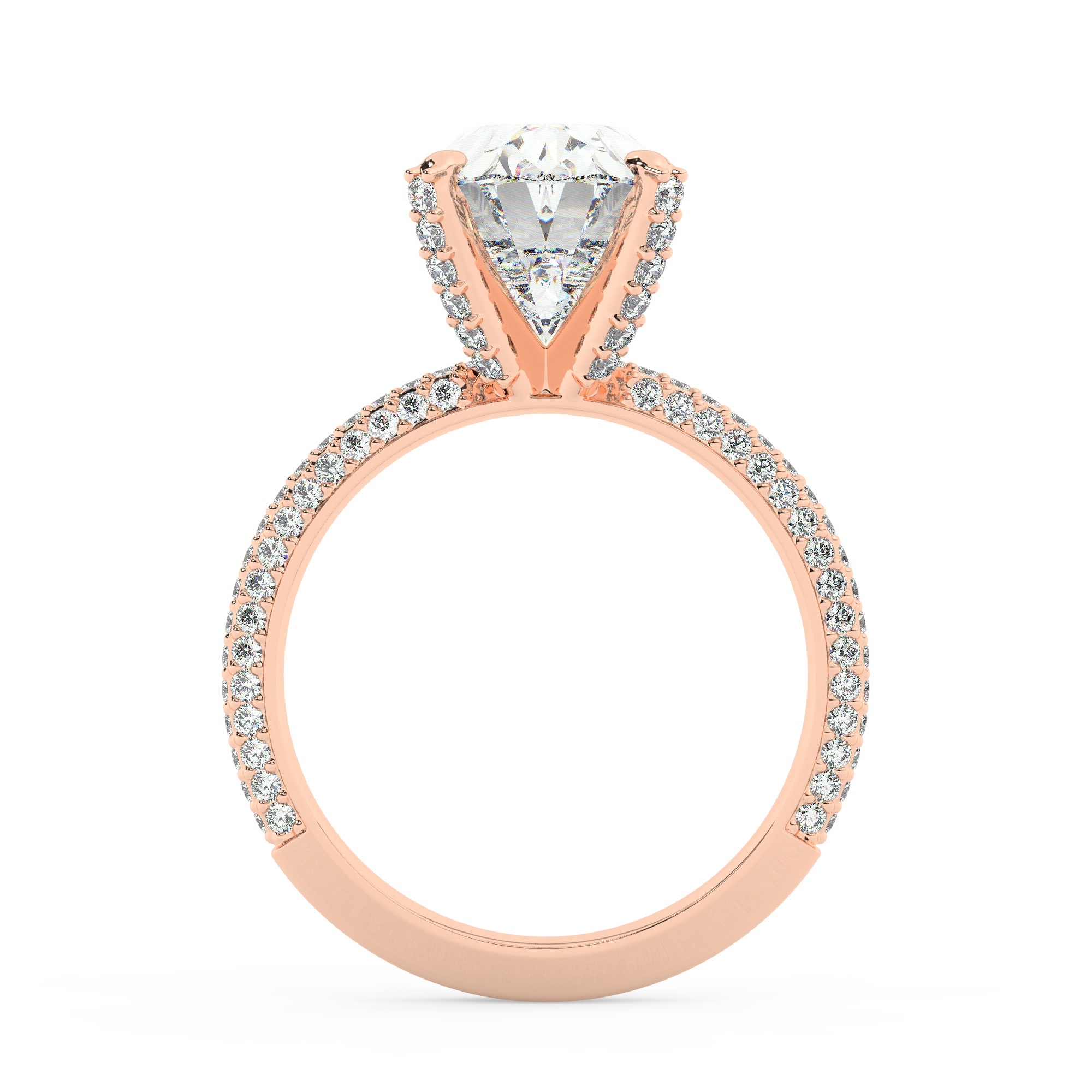 טבעת אירוסין סוליטר ויהלומים בצדדים דגם 50012 זהב אדום רוזגולד 14 קראט במרכז זירקוניה 3 קראט בחיתוך אובל מסביב ובצדדים זירקונים בחיתוך עגול – תמונה 3