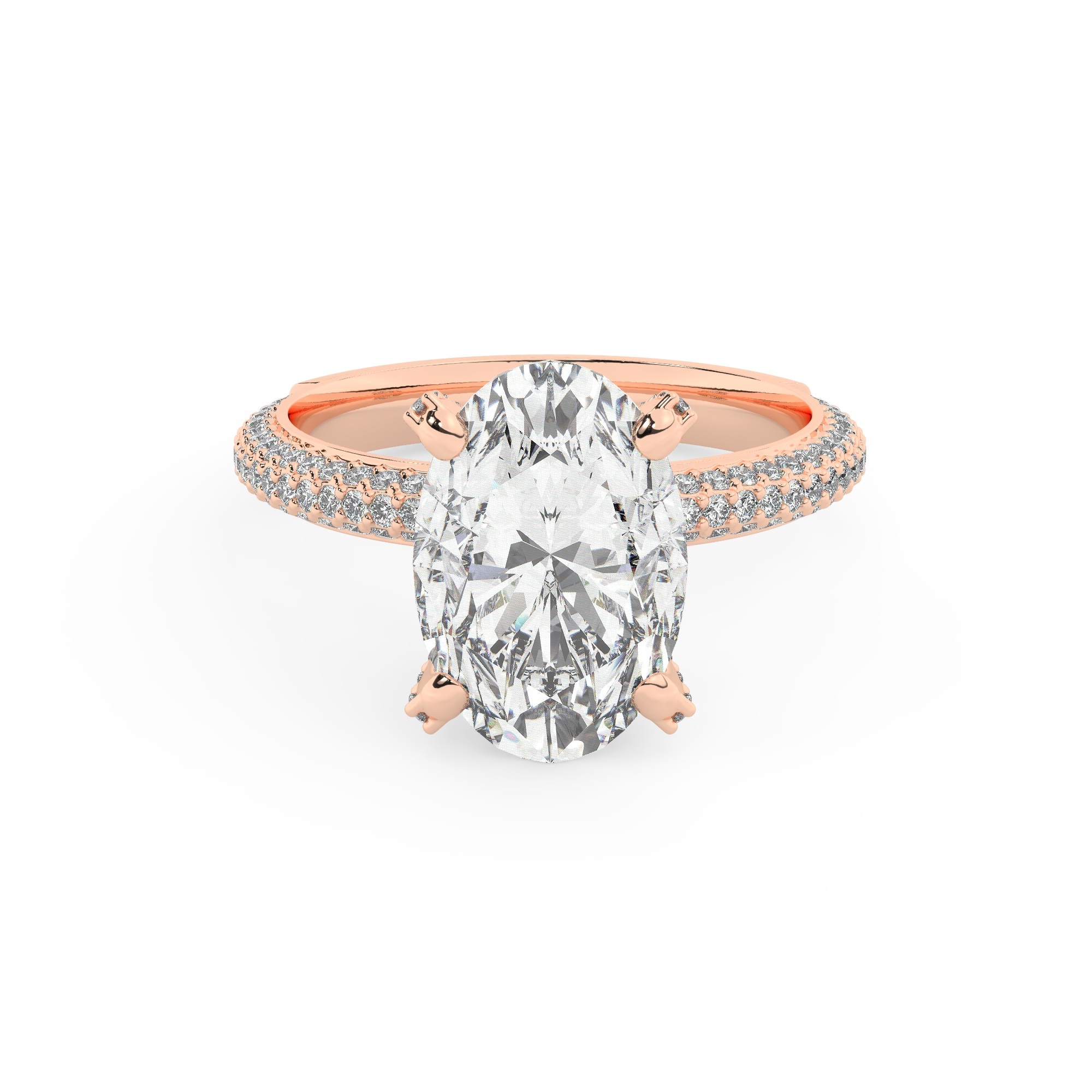 טבעת אירוסין סוליטר ויהלומים בצדדים דגם 50012 זהב אדום רוזגולד 14 קראט במרכז זירקוניה 3 קראט בחיתוך אובל מסביב ובצדדים זירקונים בחיתוך עגול – תמונה 2