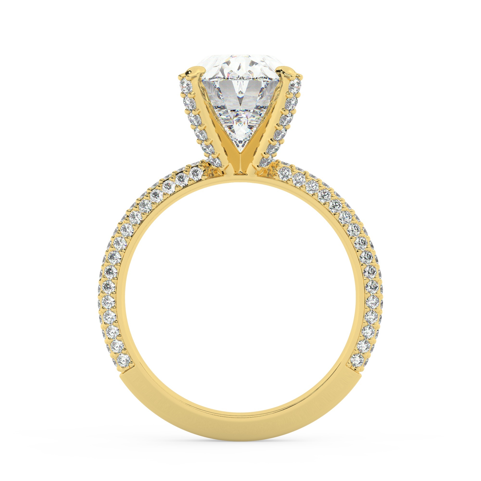 טבעת אירוסין סוליטר ויהלומים בצדדים דגם 50012 זהב צהוב 14 קראט במרכז זירקוניה 3 קראט בחיתוך אובל מסביב ובצדדים זירקונים בחיתוך עגול – תמונה 3