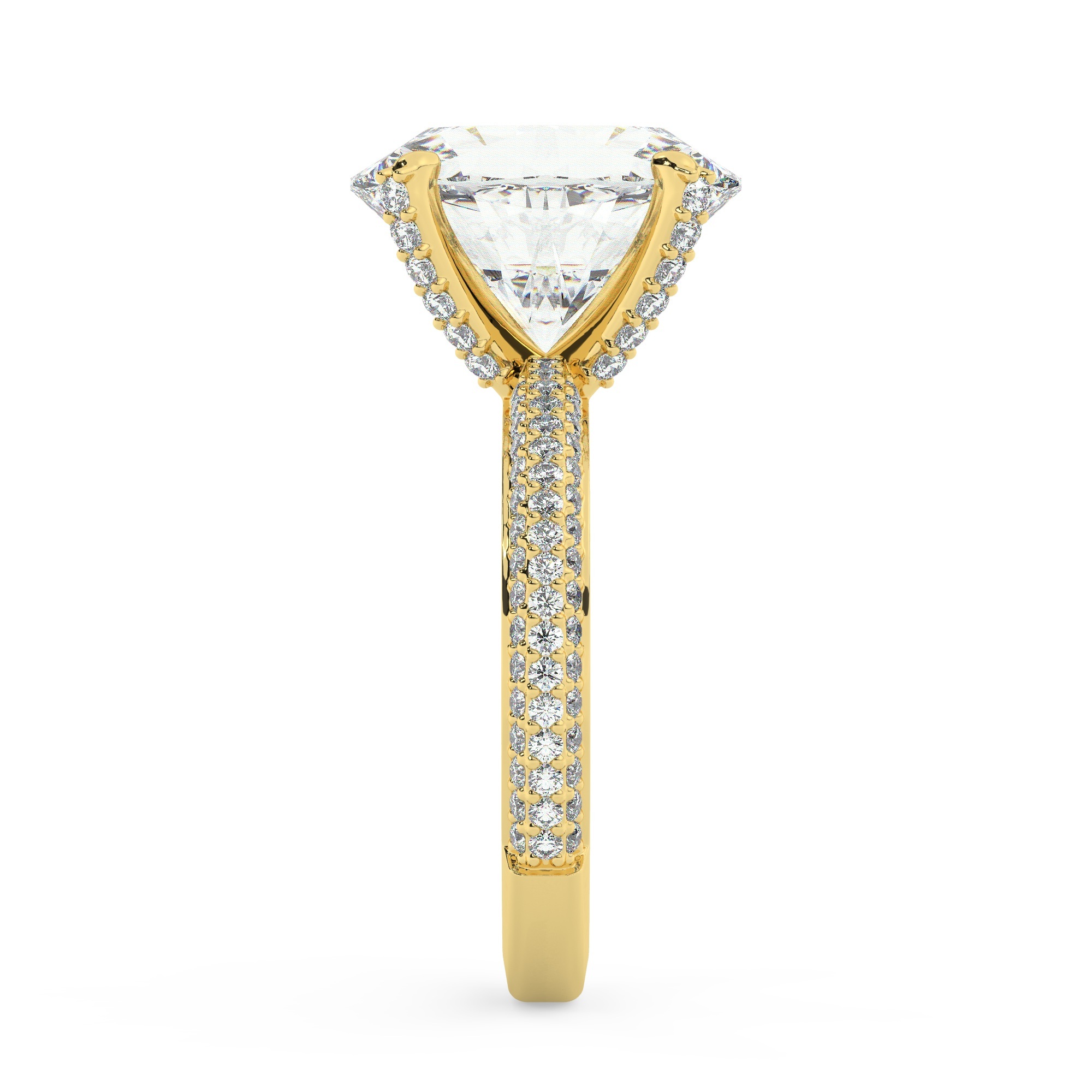 טבעת אירוסין סוליטר ויהלומים בצדדים דגם 50012 זהב צהוב 14 קראט במרכז זירקוניה 3 קראט בחיתוך אובל מסביב ובצדדים זירקונים בחיתוך עגול – תמונה 4