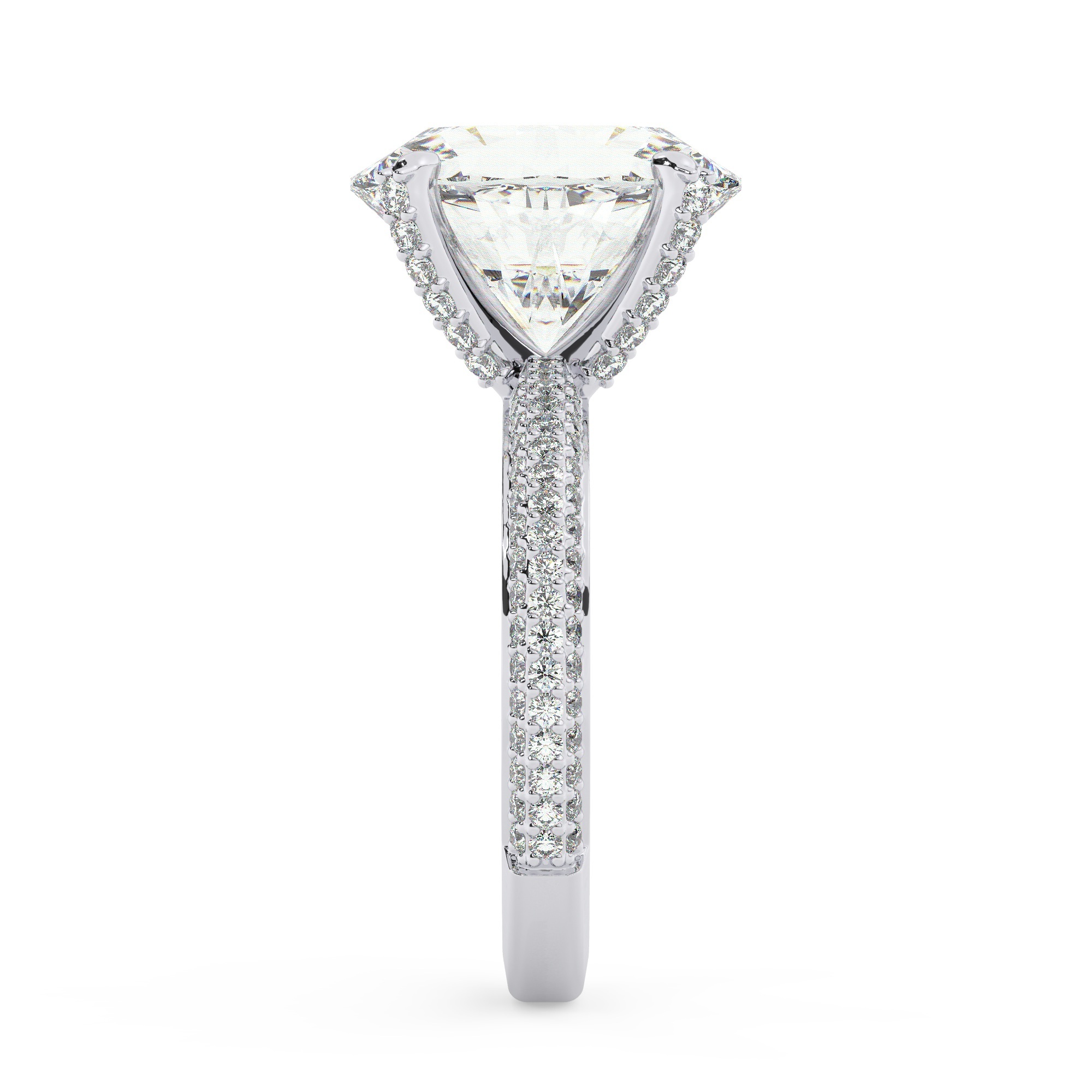 טבעת אירוסין סוליטר ויהלומים בצדדים דגם 50012 זהב לבן 14 קראט במרכז זירקוניה 3 קראט בחיתוך אובל מסביב ובצדדים זירקונים בחיתוך עגול – תמונה 4