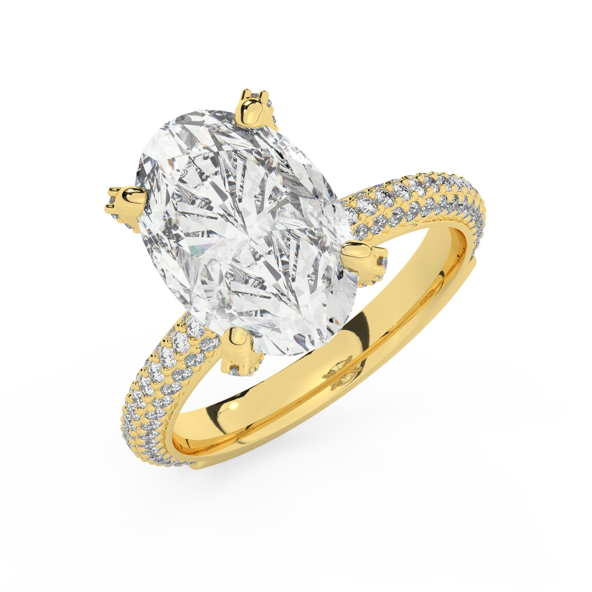 טבעת אירוסין סוליטר ויהלומים בצדדים דגם 50012 זהב צהוב 14 קראט במרכז זירקוניה 4 קראט בחיתוך אובל מסביב ובצדדים זירקונים בחיתוך עגול