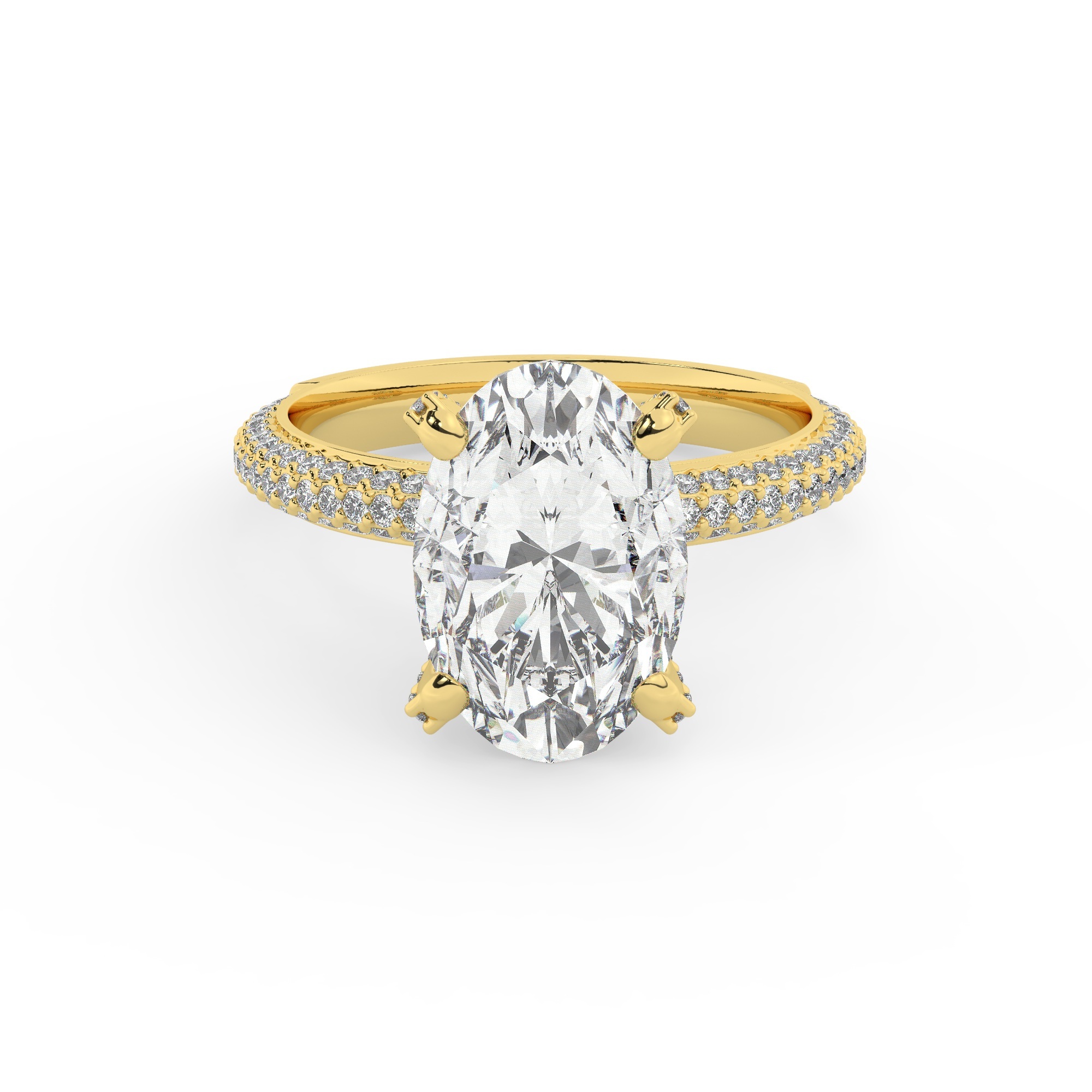 טבעת אירוסין סוליטר ויהלומים בצדדים דגם 50012 זהב צהוב 14 קראט במרכז זירקוניה 4 קראט בחיתוך אובל מסביב ובצדדים זירקונים בחיתוך עגול – תמונה 2