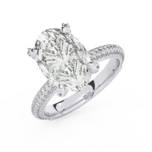 טבעת אירוסין סוליטר ויהלומים בצדדים דגם 50012 זהב לבן 14 קראט במרכז זירקוניה 4 קראט בחיתוך אובל מסביב ובצדדים זירקונים בחיתוך עגול