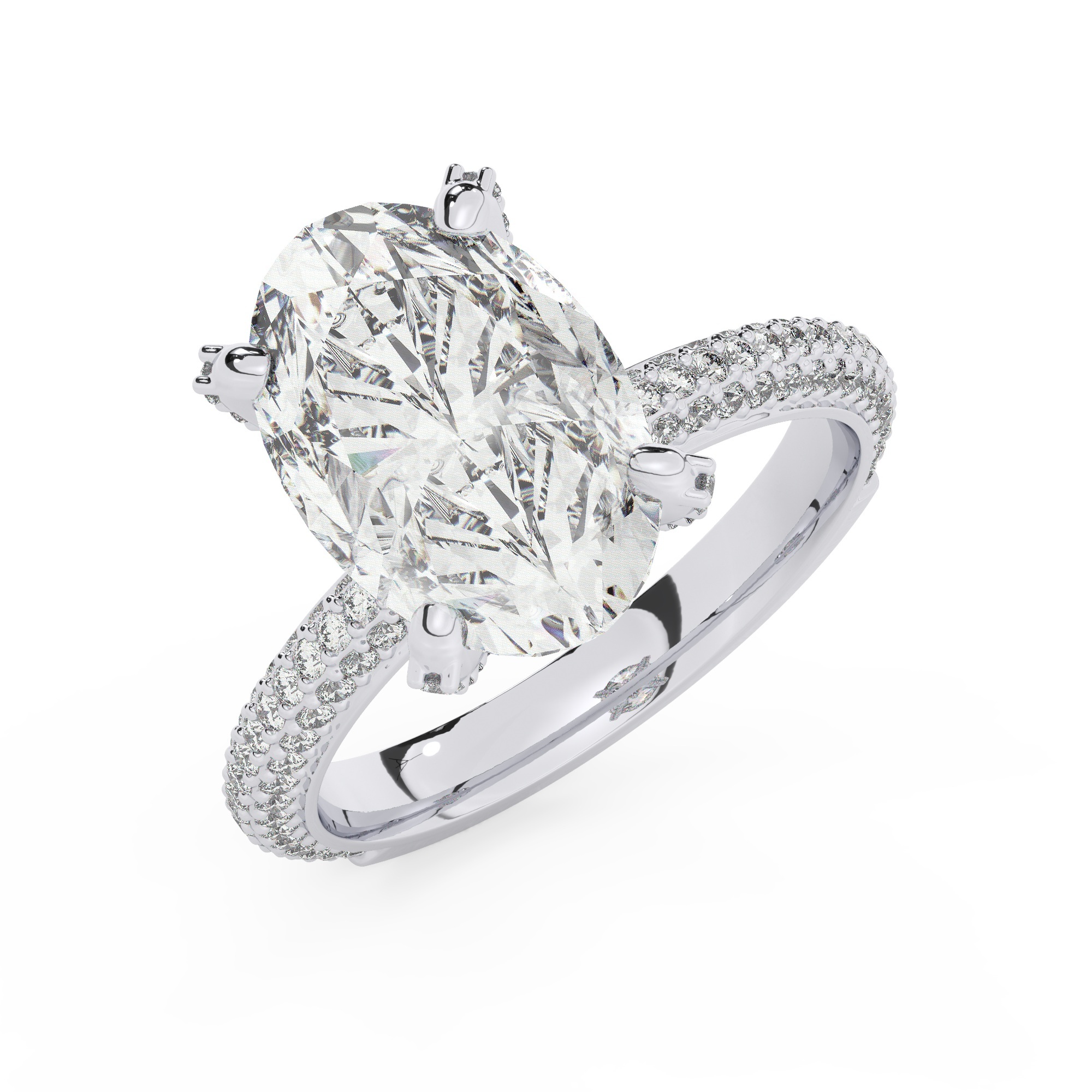 טבעת אירוסין סוליטר ויהלומים בצדדים דגם 50012 זהב לבן 14 קראט במרכז זירקוניה 4 קראט בחיתוך אובל מסביב ובצדדים זירקונים בחיתוך עגול