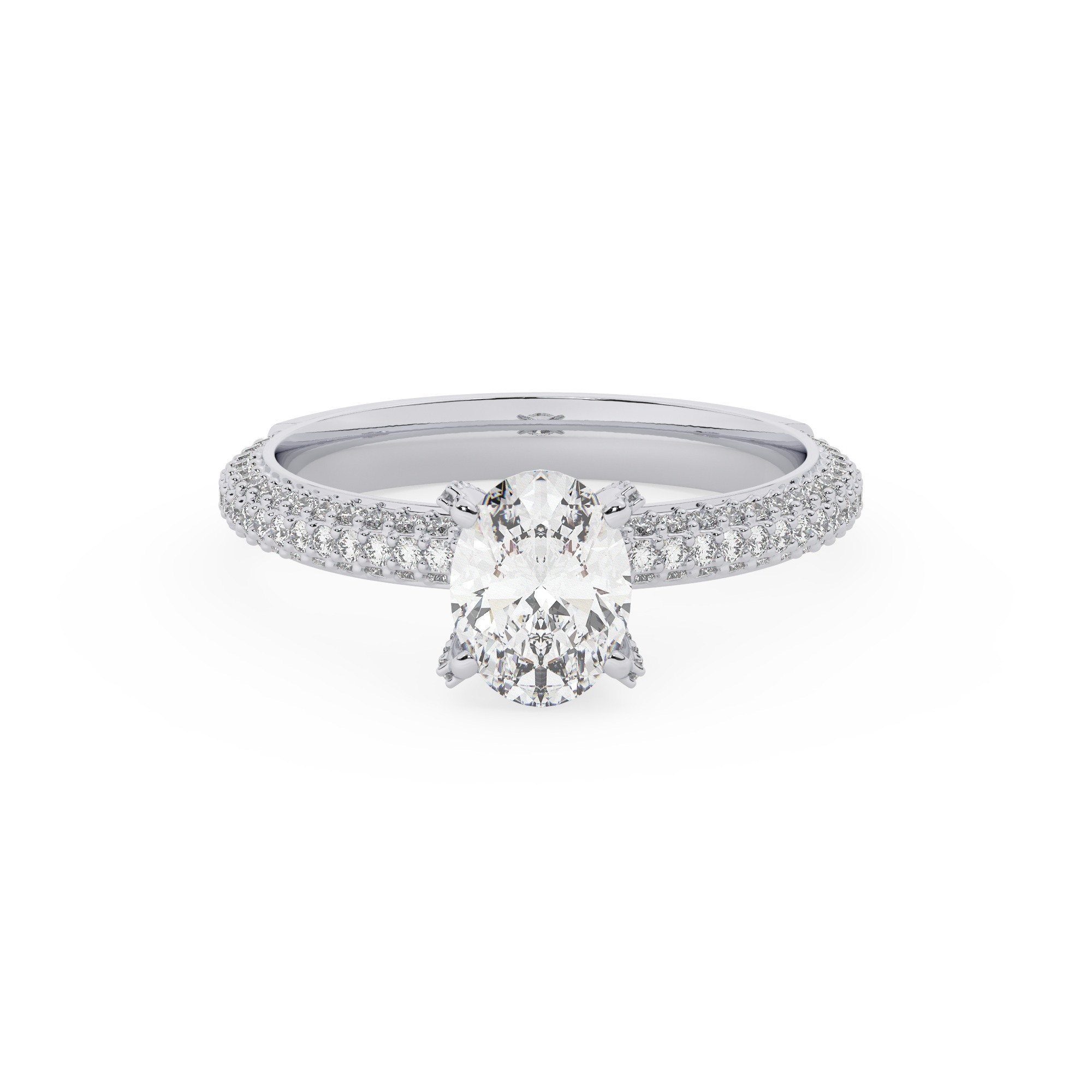 טבעת אירוסין סוליטר ויהלומים בצדדים דגם 50012 זהב לבן 14 קראט במרכז זירקוניה 0.50 קראט בחיתוך אובל מסביב ובצדדים זירקונים בחיתוך עגול – תמונה 2