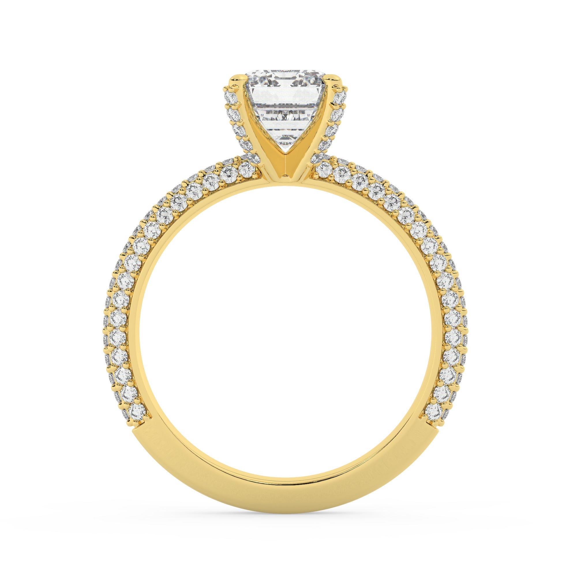 טבעת אירוסין סוליטר ויהלומים בצדדים דגם 50012 זהב צהוב 14 קראט במרכז זירקוניה 1 קראט בחיתוך אמרלד מסביב ובצדדים זירקונים בחיתוך עגול – תמונה 3