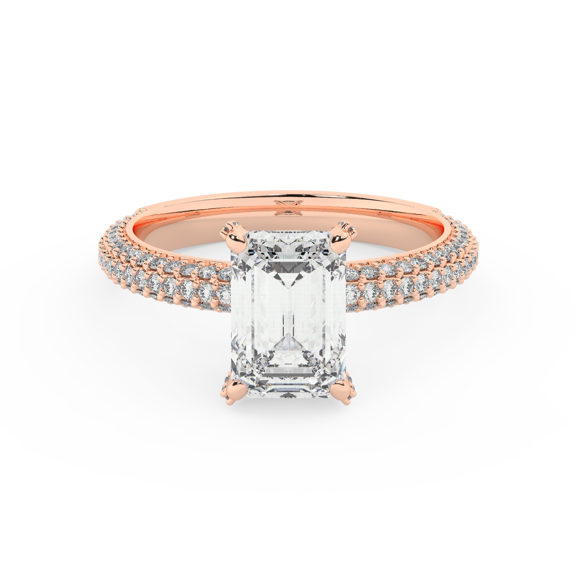 טבעת אירוסין סוליטר ויהלומים בצדדים דגם 50012 זהב אדום רוזגולד 14 קראט במרכז זירקוניה 1.50 קראט בחיתוך אמרלד מסביב ובצדדים זירקונים בחיתוך עגול – תמונה 2