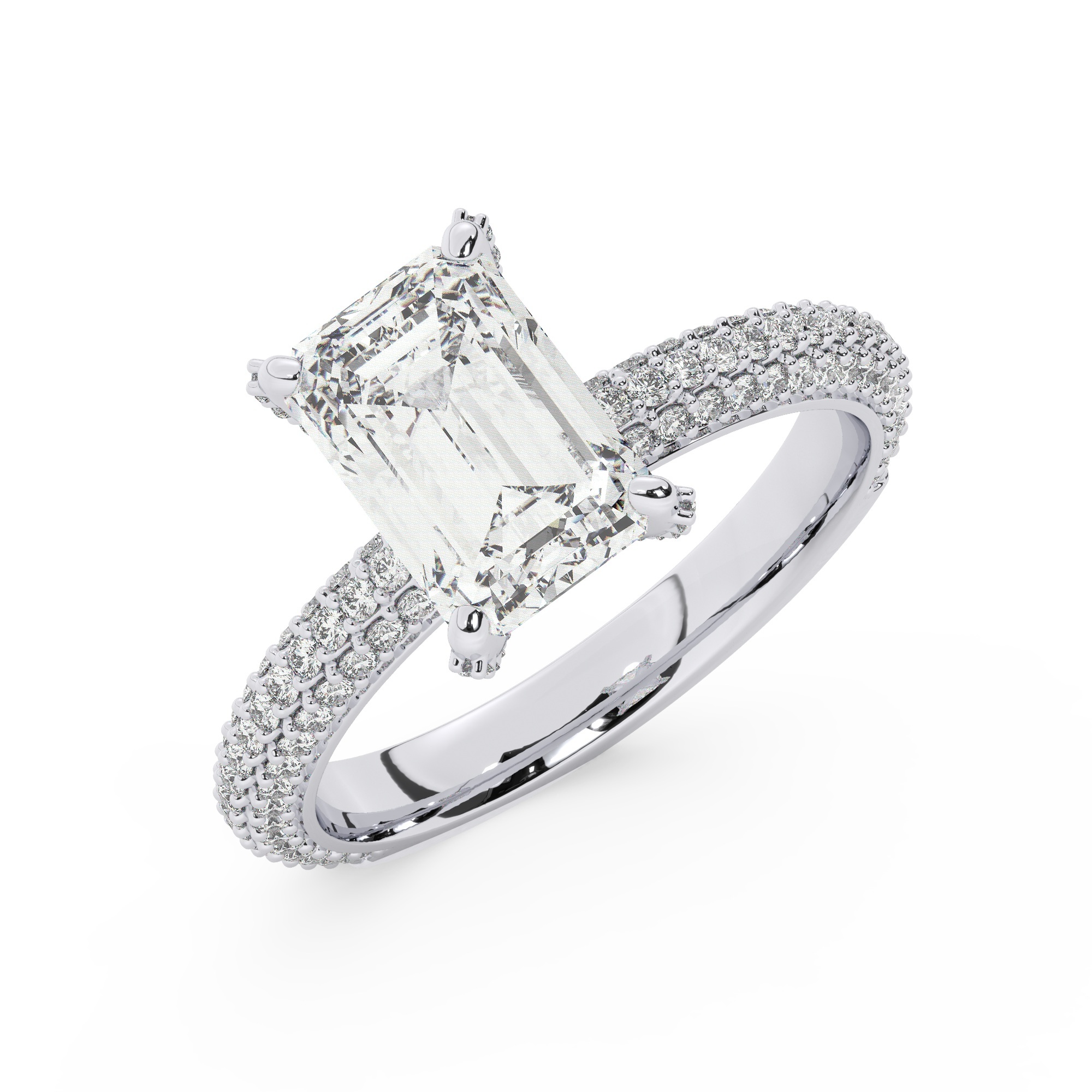 טבעת אירוסין סוליטר ויהלומים בצדדים דגם 50012 זהב לבן 14 קראט במרכז זירקוניה 0.75 קראט בחיתוך אמרלד מסביב ובצדדים זירקונים בחיתוך עגול