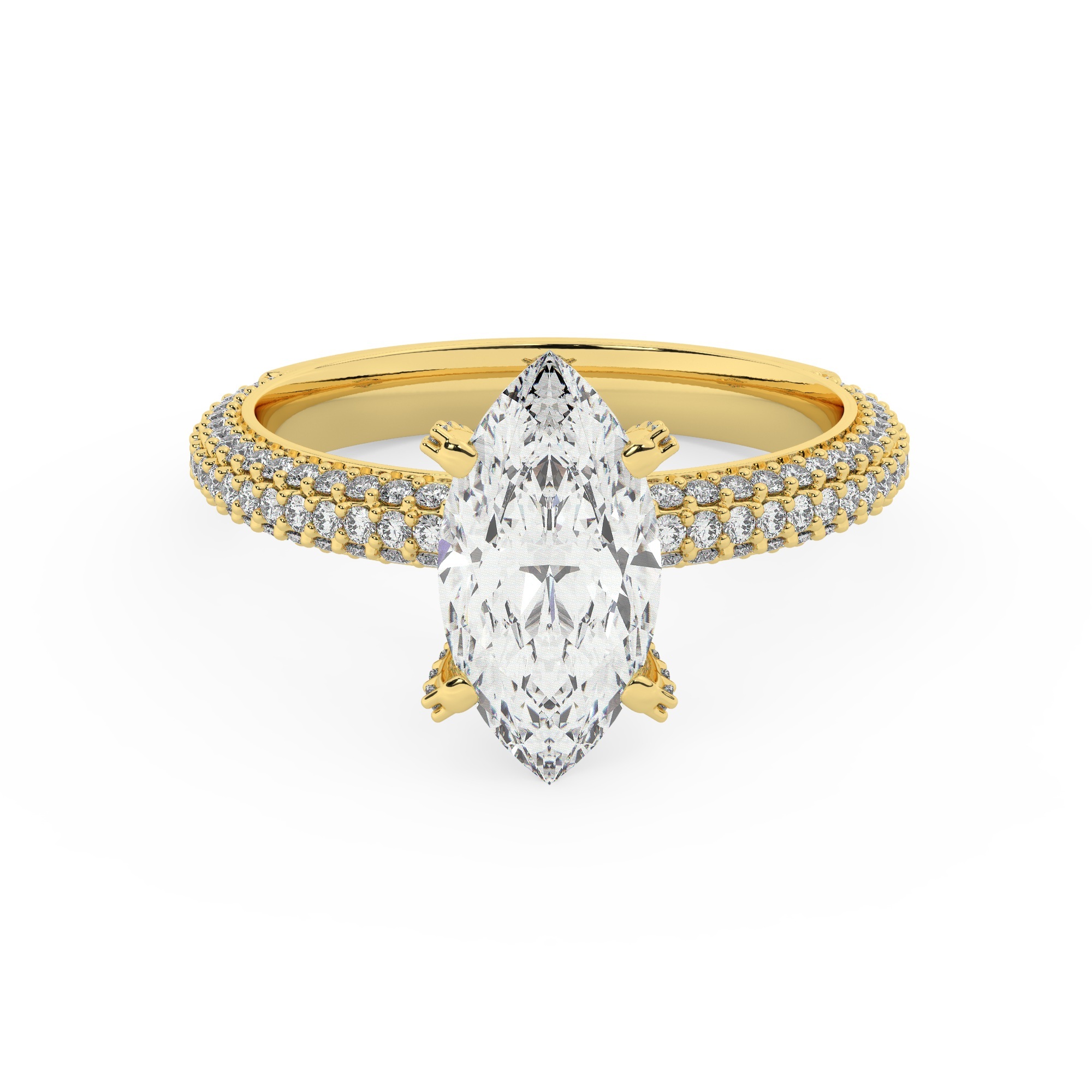 טבעת אירוסין סוליטר ויהלומים בצדדים דגם 50012 זהב צהוב 14 קראט במרכז זירקוניה 1.50 קראט בחיתוך מרקיזה מסביב ובצדדים זירקונים בחיתוך עגול – תמונה 2