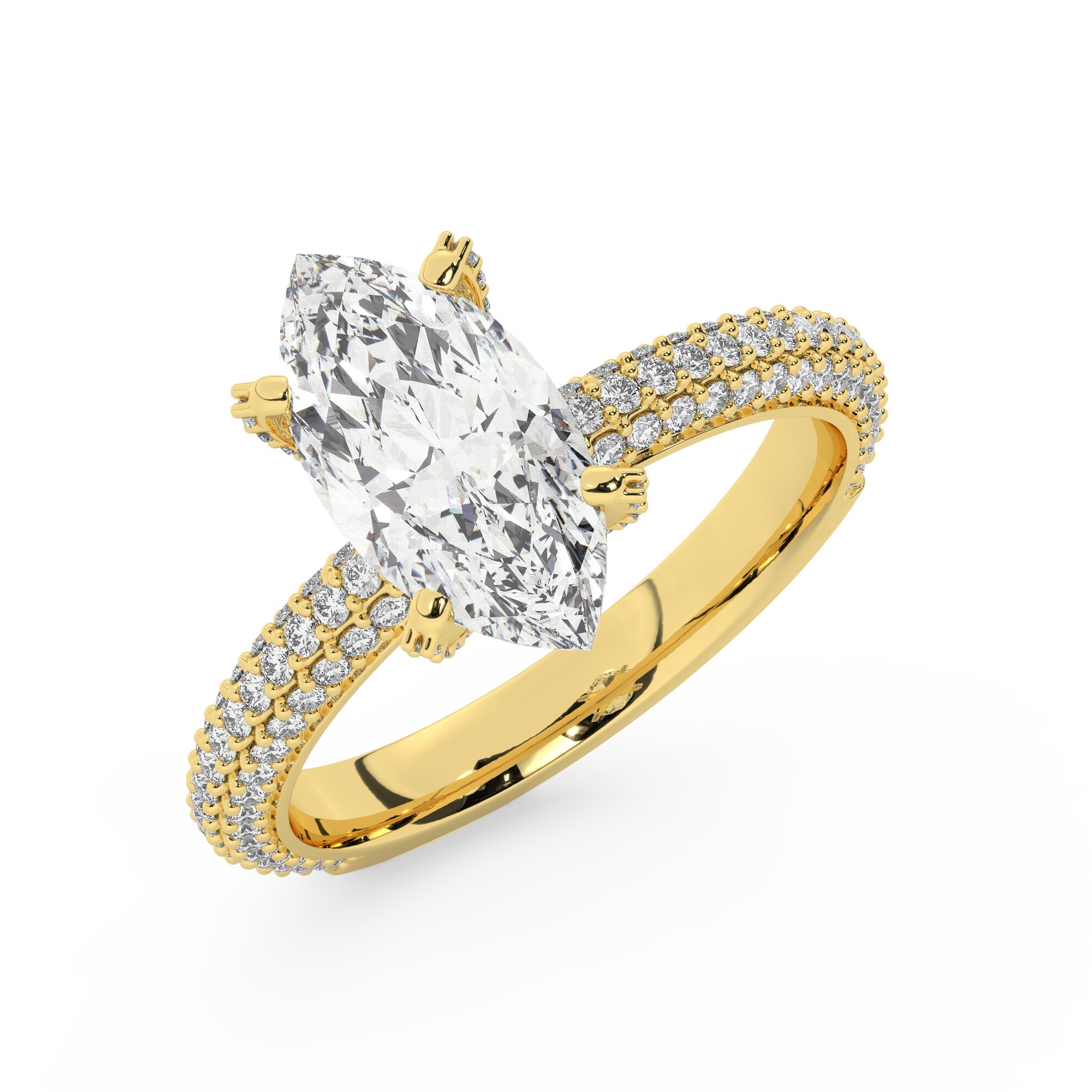 טבעת אירוסין סוליטר ויהלומים בצדדים דגם 50012 זהב צהוב 14 קראט במרכז זירקוניה 3 קראט בחיתוך מרקיזה מסביב ובצדדים זירקונים בחיתוך עגול