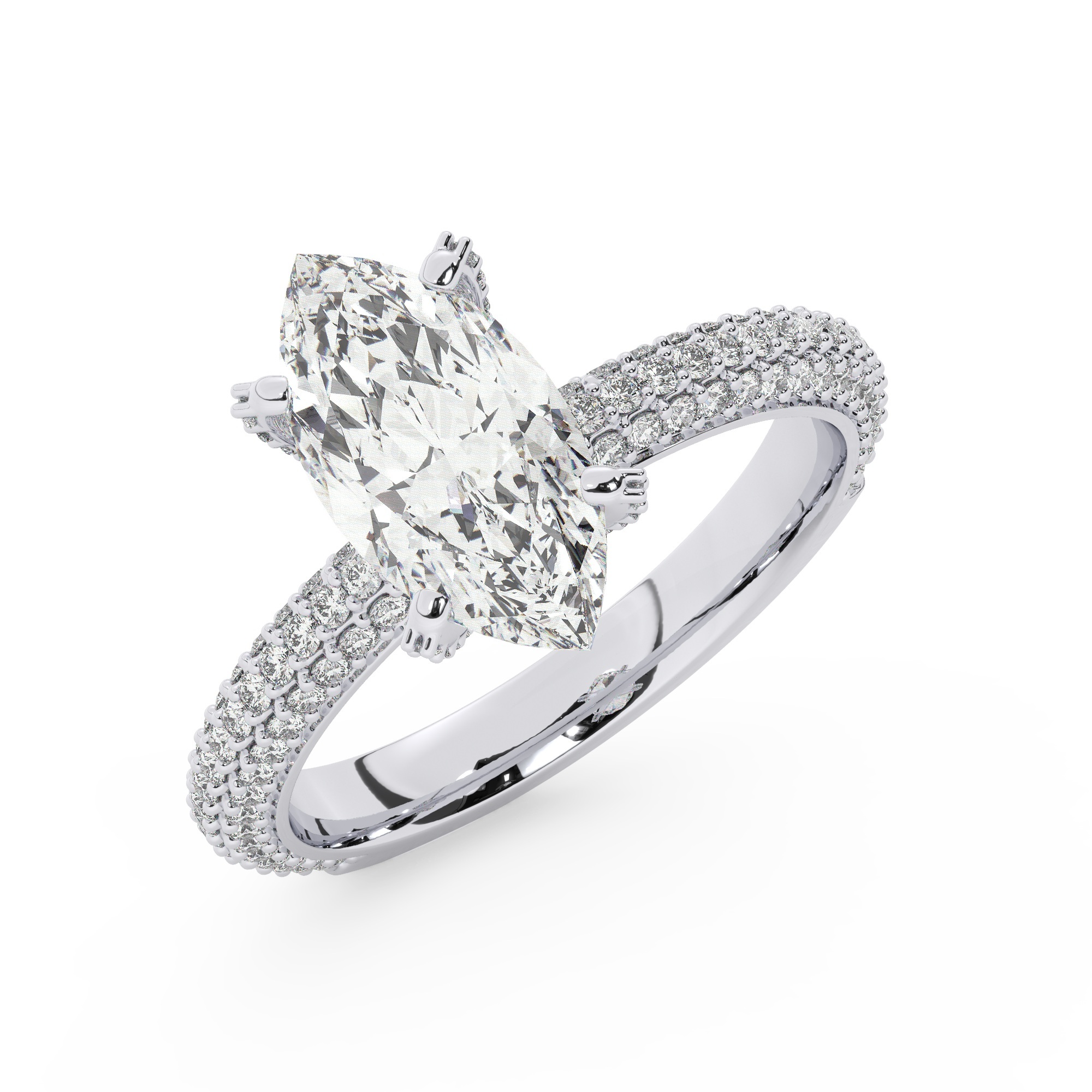 טבעת אירוסין סוליטר ויהלומים בצדדים דגם 50012 זהב לבן 14 קראט במרכז זירקוניה 0.75 קראט בחיתוך מרקיזה מסביב ובצדדים זירקונים בחיתוך עגול