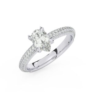 טבעת אירוסין סוליטר ויהלומים בצדדים דגם 50012 זהב לבן 14 קראט במרכז זירקוניה 2 קראט בחיתוך טיפה מסביב ובצדדים זירקונים בחיתוך עגול