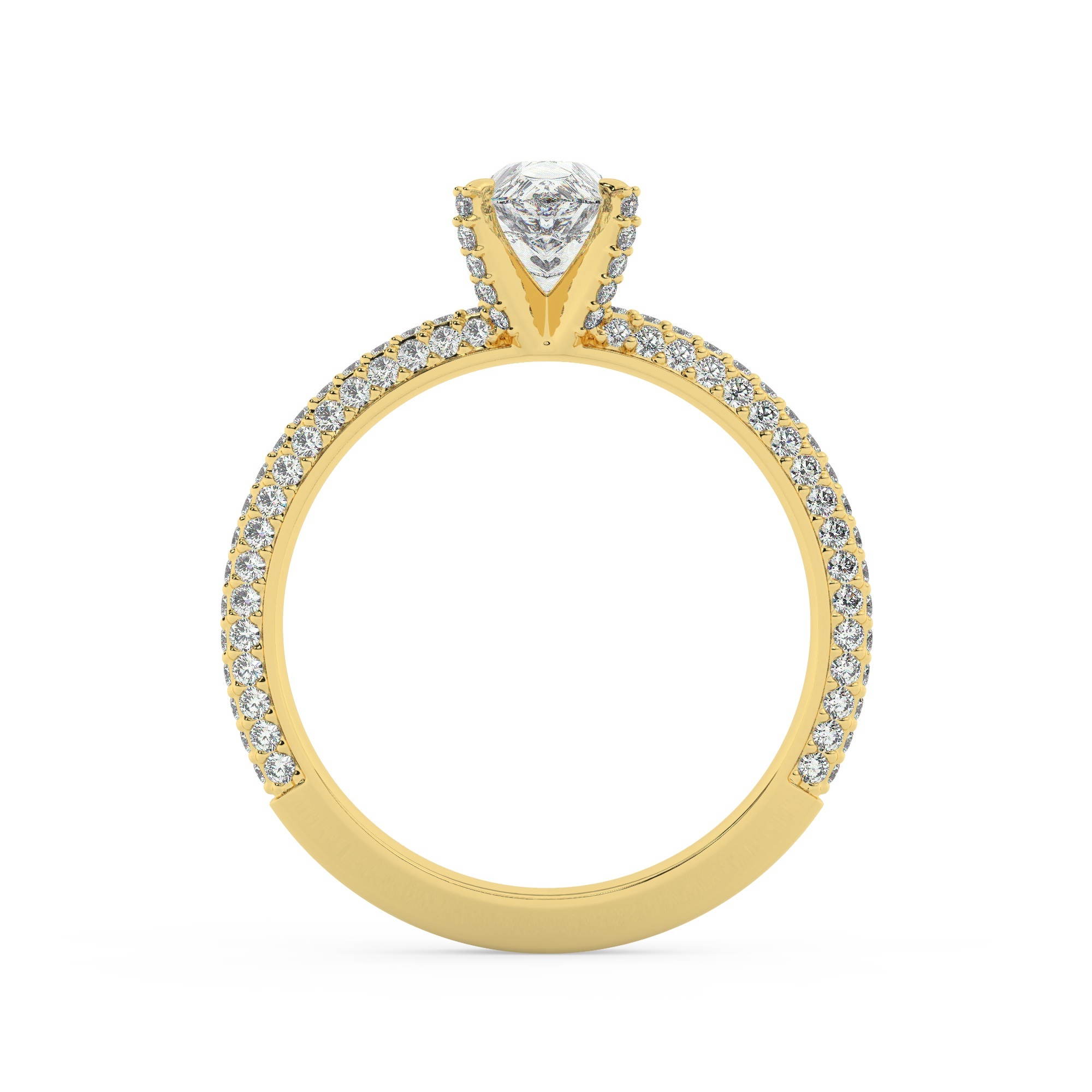 טבעת אירוסין סוליטר ויהלומים בצדדים דגם 50012 זהב צהוב 14 קראט במרכז זירקוניה 5 קראט בחיתוך טיפה מסביב ובצדדים זירקונים בחיתוך עגול – תמונה 3