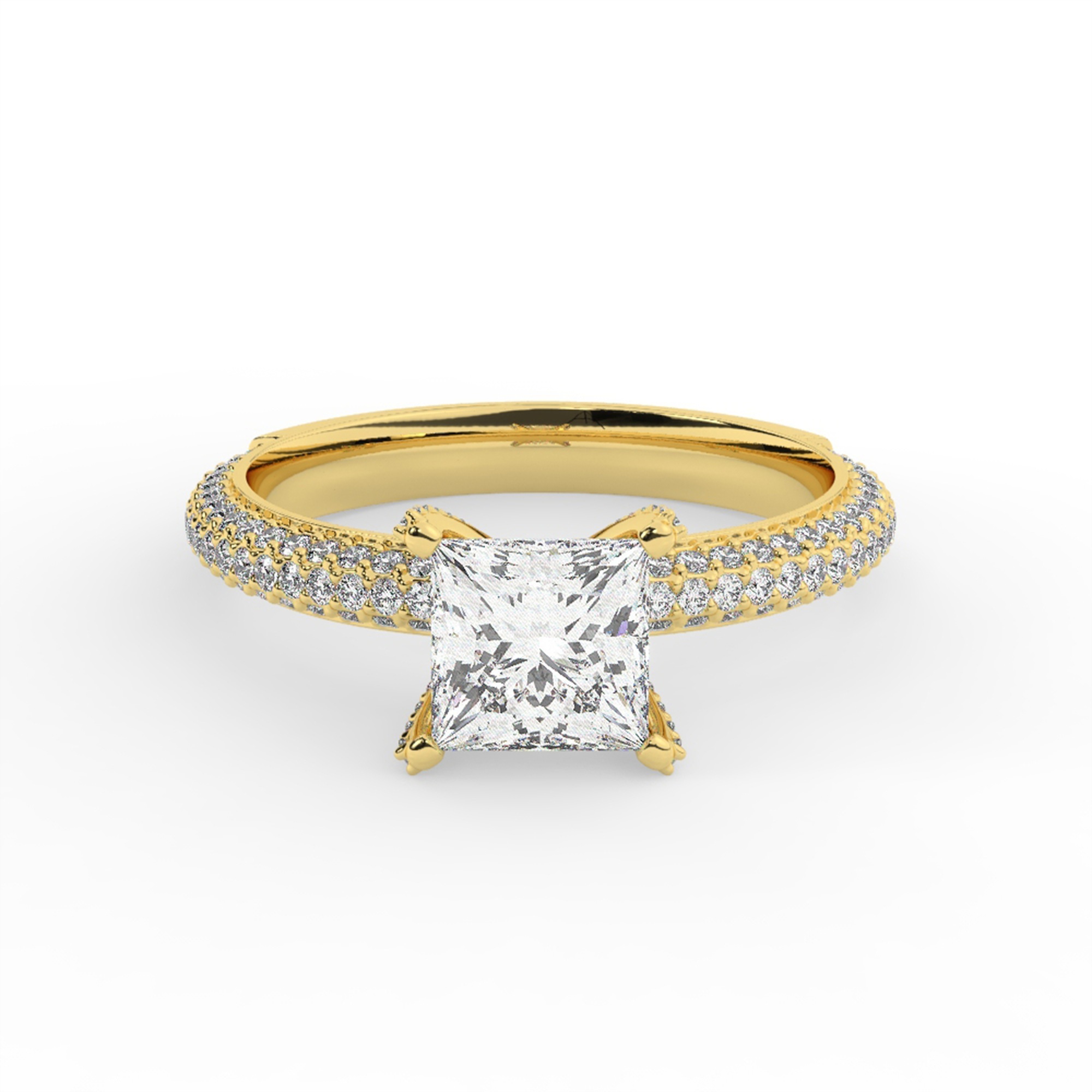 טבעת אירוסין סוליטר ויהלומים בצדדים דגם 50012 זהב צהוב 14 קראט במרכז זירקוניה 1 קראט בחיתוך פרינסס מסביב ובצדדים זירקונים בחיתוך עגול – תמונה 2