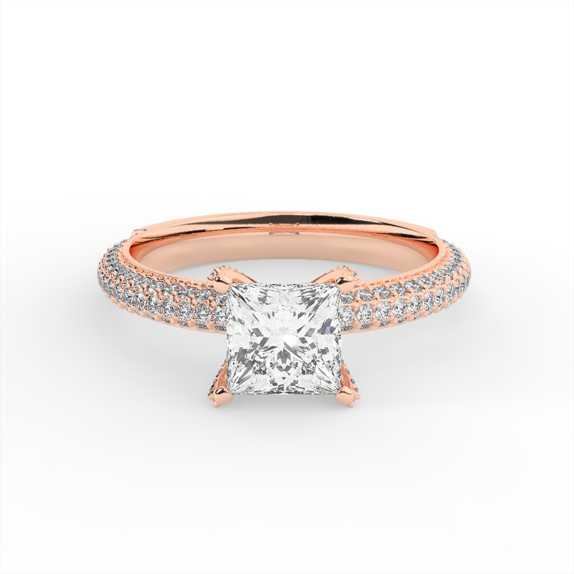 טבעת אירוסין סוליטר ויהלומים בצדדים דגם 50012 זהב אדום רוזגולד 14 קראט במרכז זירקוניה 1.50 קראט בחיתוך פרינסס מסביב ובצדדים זירקונים בחיתוך עגול – תמונה 2