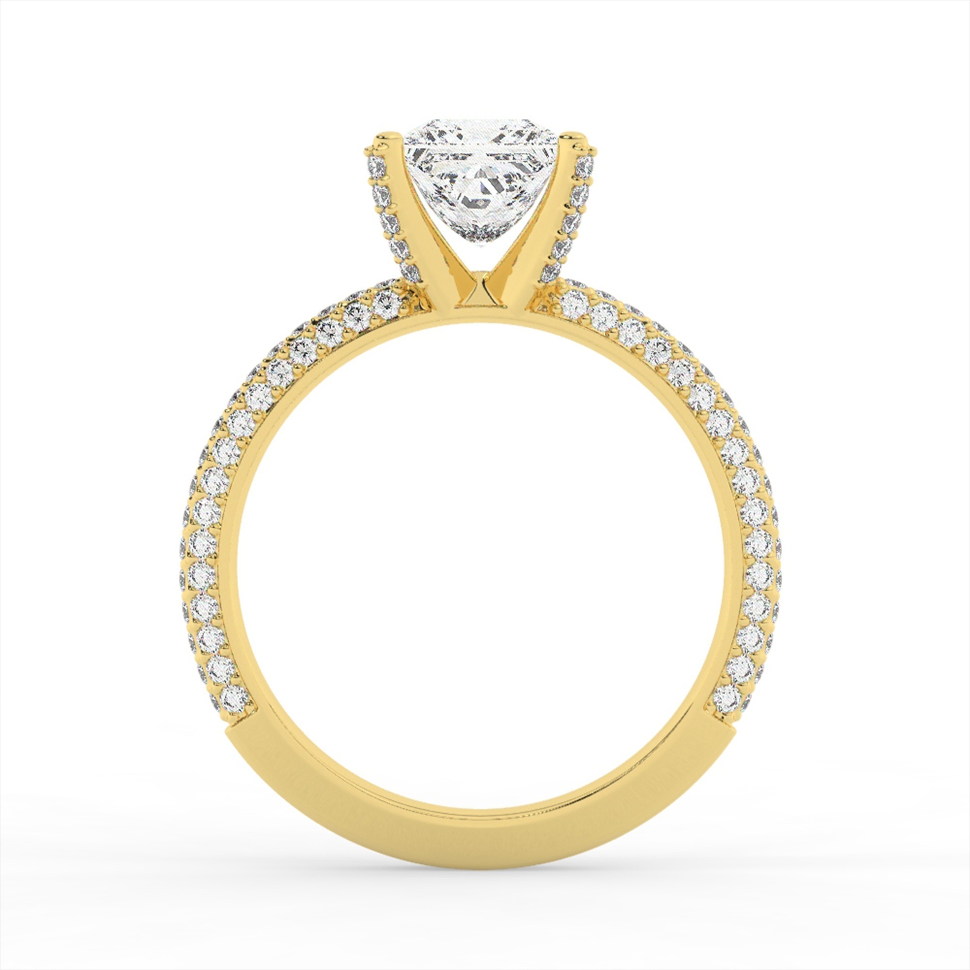 טבעת אירוסין סוליטר ויהלומים בצדדים דגם 50012 זהב צהוב 14 קראט במרכז זירקוניה 3 קראט בחיתוך פרינסס מסביב ובצדדים זירקונים בחיתוך עגול – תמונה 3