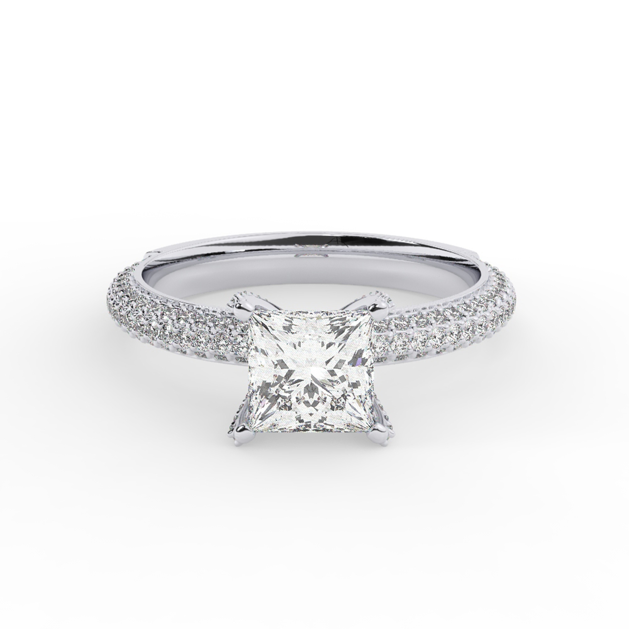 טבעת אירוסין סוליטר ויהלומים בצדדים דגם 50012 זהב לבן 14 קראט במרכז זירקוניה 0.75 קראט בחיתוך פרינסס מסביב ובצדדים זירקונים בחיתוך עגול – תמונה 2