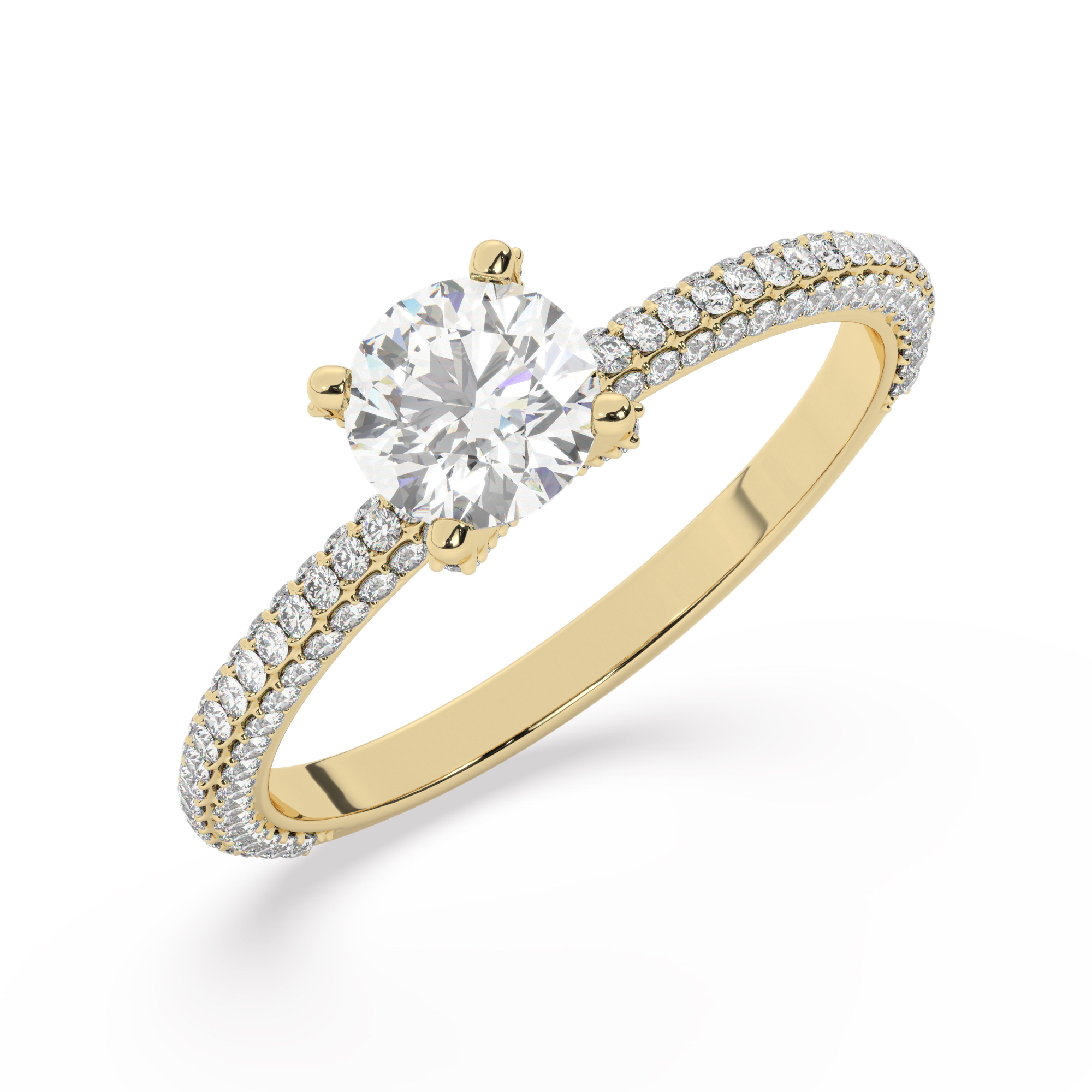 טבעת אירוסין סוליטר ויהלומים בצדדים דגם 50012 זהב צהוב 14 קראט במרכז זירקוניה 1 קראט בחיתוך עגול מסביב ובצדדים זירקונים בחיתוך עגול