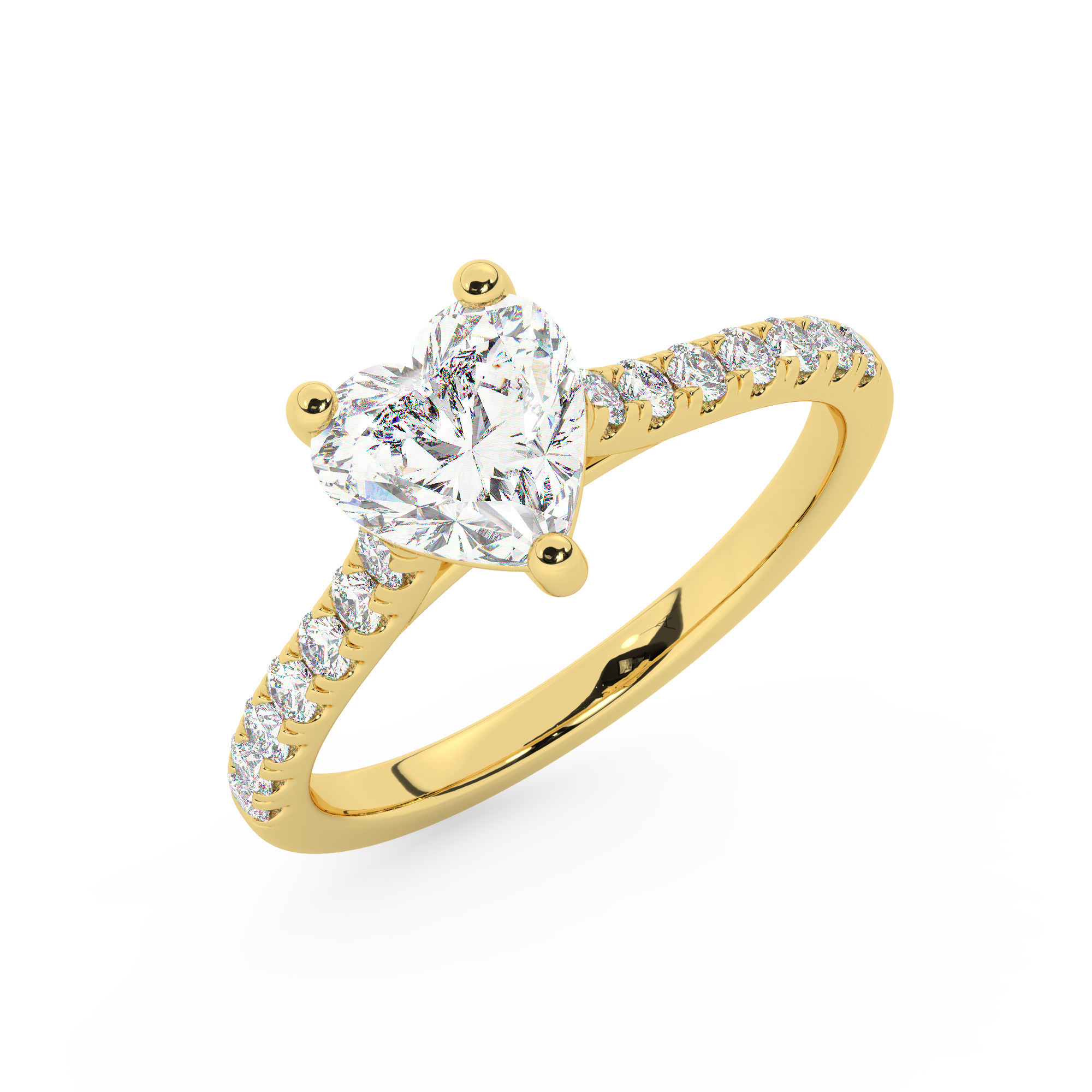 טבעת אירוסין סוליטר ויהלומים בצדדים דגם 50019 זהב צהוב 14 קראט במרכז יהלום טבעי 1 קראט בחיתוך לב עם תעודה גמולוגית אמריקאית GIA מסביב ובצדדים יהלומים טבעים במשקל כולל של 0.28 קראט בחיתוך עגול