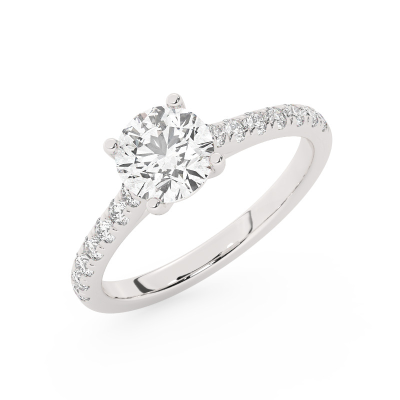 טבעת אירוסין סוליטר ויהלומים בצדדים דגם 50019 זהב לבן 14 קראט במרכז זירקוניה 0.75 קראט בחיתוך עגול מסביב ובצדדים זירקונים בחיתוך עגול