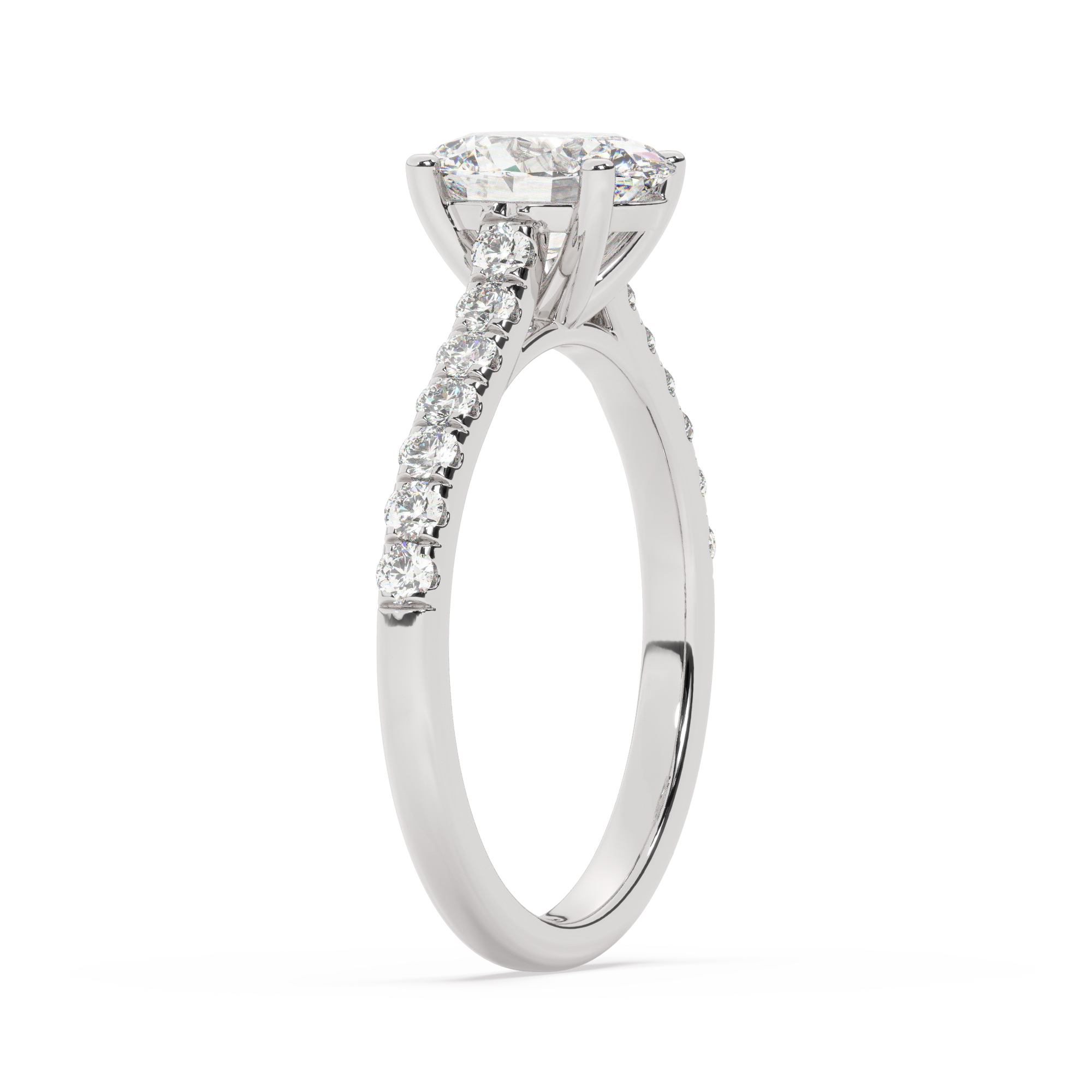 טבעת אירוסין סוליטר ויהלומים בצדדים דגם 50019 זהב לבן 14 קראט במרכז זירקוניה 1 קראט בחיתוך אובל מסביב ובצדדים זירקונים בחיתוך עגול – תמונה 4