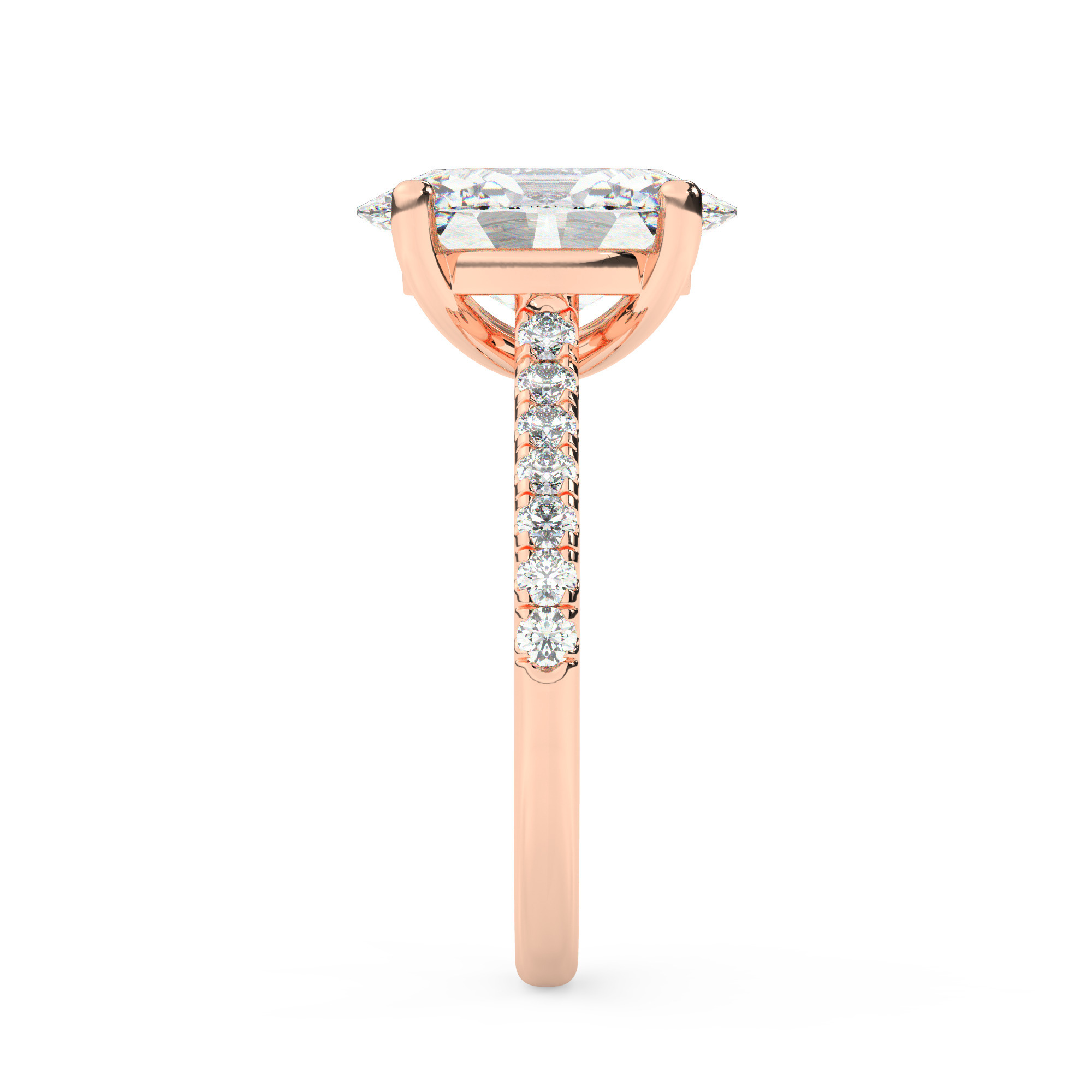 טבעת אירוסין סוליטר ויהלומים בצדדים דגם 50019 זהב אדום רוזגולד 14 קראט במרכז זירקוניה 5 קראט בחיתוך אובל מסביב ובצדדים זירקונים בחיתוך עגול – תמונה 4