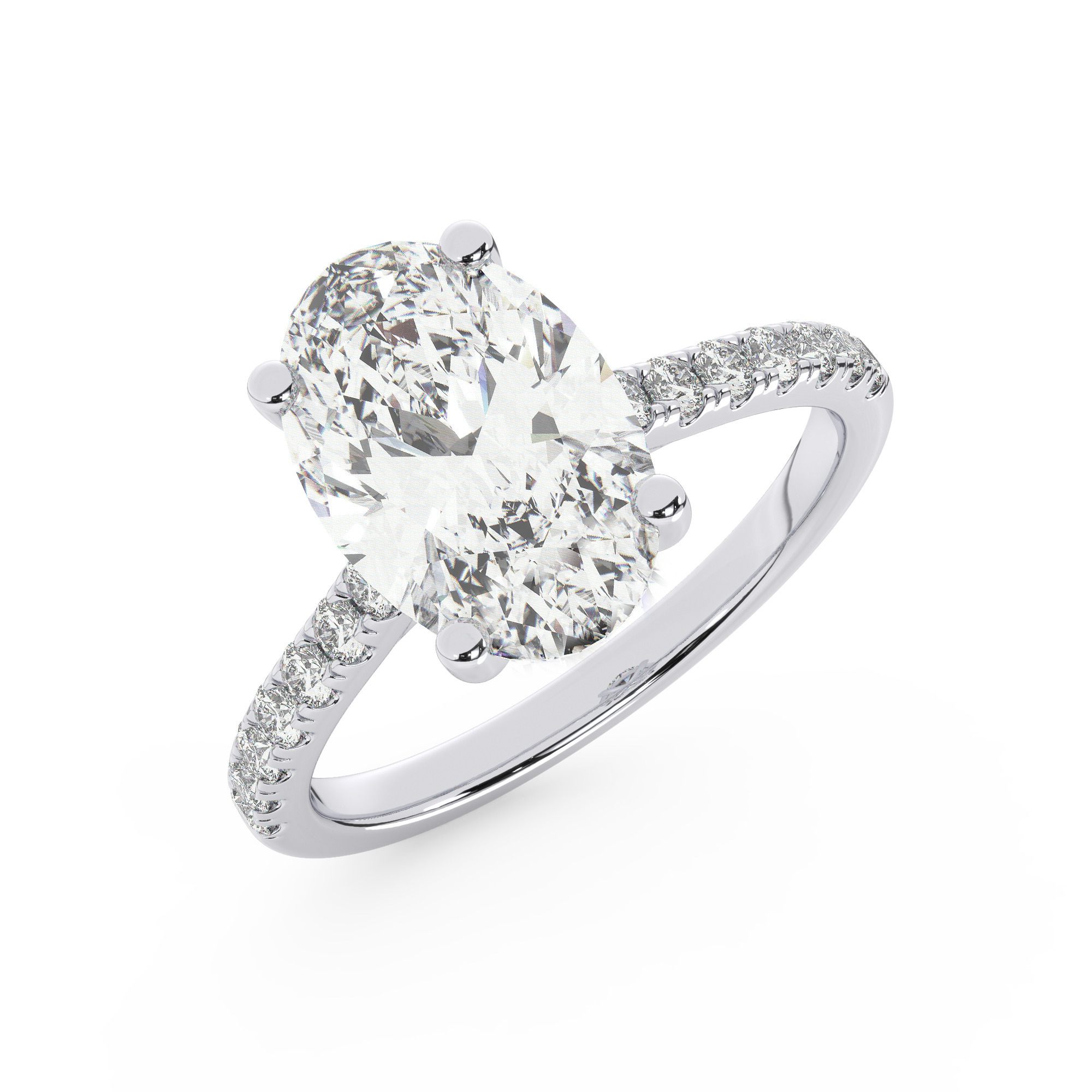 טבעת אירוסין סוליטר ויהלומים בצדדים דגם 50019 זהב לבן 14 קראט במרכז זירקוניה 5 קראט בחיתוך אובל מסביב ובצדדים זירקונים בחיתוך עגול