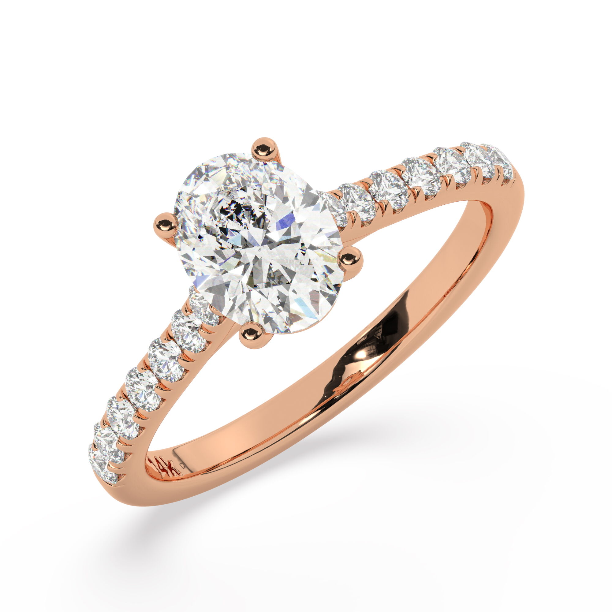 טבעת אירוסין סוליטר ויהלומים בצדדים דגם 50019 כסף מצופה זהב אדום רוזגולד במרכז זירקוניה 0.50 קראט בחיתוך אובל מסביב ובצדדים זירקונים בחיתוך עגול