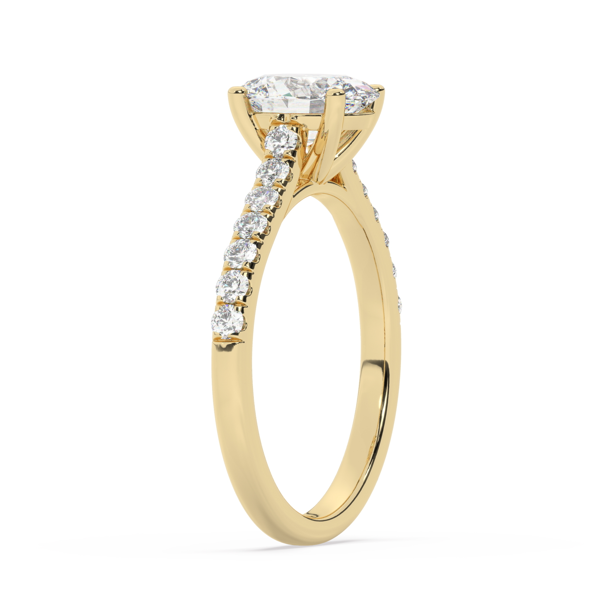 טבעת אירוסין סוליטר ויהלומים בצדדים דגם 50019 זהב צהוב 14 קראט במרכז זירקוניה 0.50 קראט בחיתוך אובל מסביב ובצדדים זירקונים בחיתוך עגול – תמונה 4