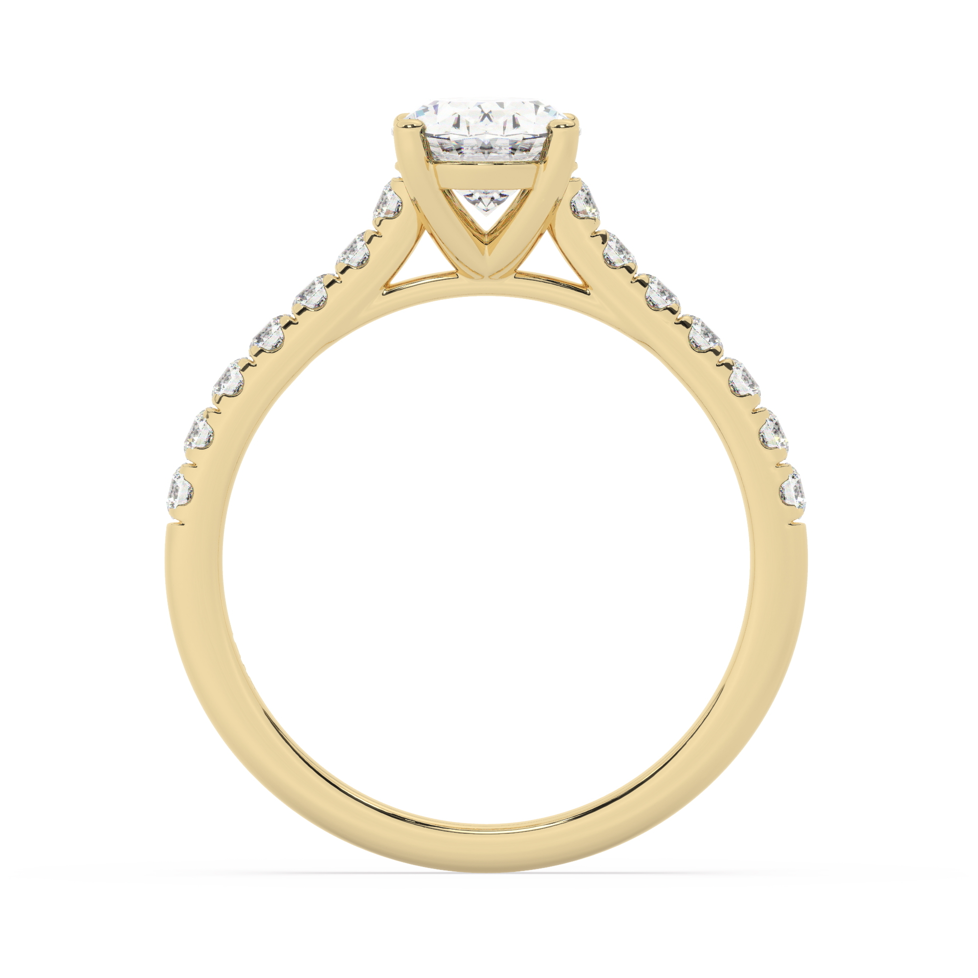 טבעת אירוסין סוליטר ויהלומים בצדדים דגם 50019 זהב צהוב 14 קראט במרכז זירקוניה 0.75 קראט בחיתוך אובל מסביב ובצדדים זירקונים בחיתוך עגול – תמונה 3