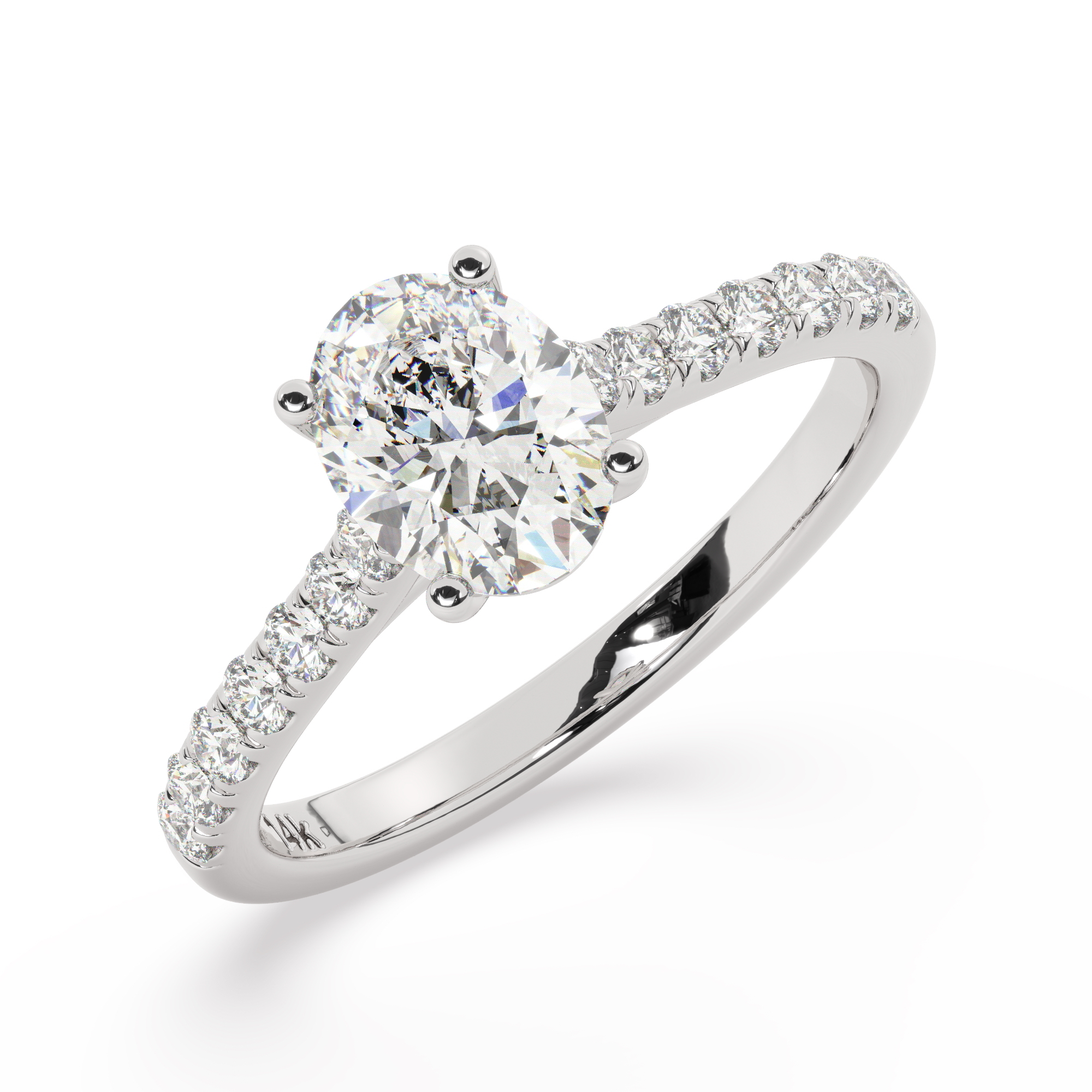 טבעת אירוסין סוליטר ויהלומים בצדדים דגם 50019 זהב לבן 14 קראט במרכז זירקוניה 0.75 קראט בחיתוך אובל מסביב ובצדדים זירקונים בחיתוך עגול