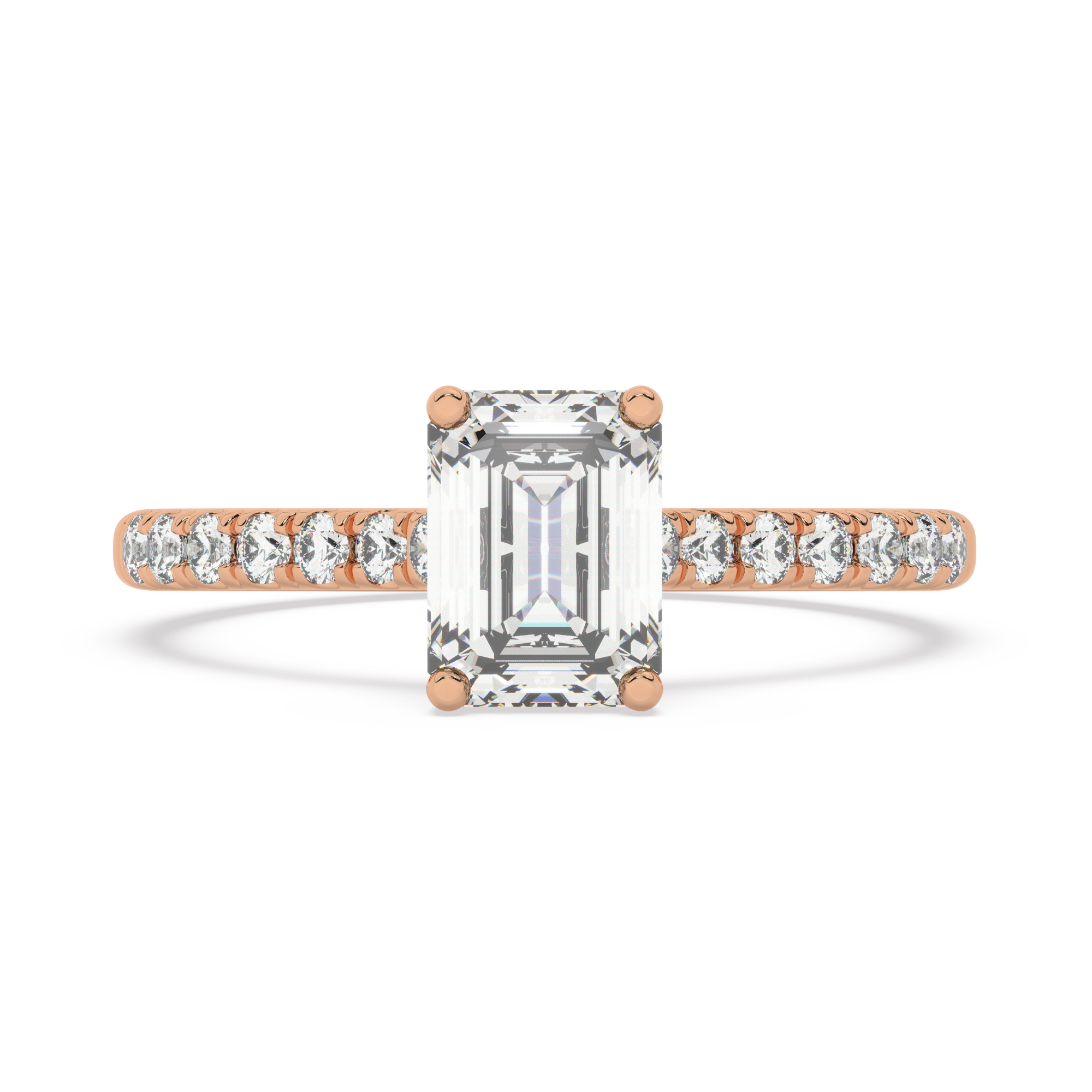 טבעת אירוסין סוליטר ויהלומים בצדדים דגם 50019 זהב אדום רוזגולד 14 קראט במרכז זירקוניה 2.50 קראט בחיתוך אמרלד מסביב ובצדדים זירקונים בחיתוך עגול – תמונה 2