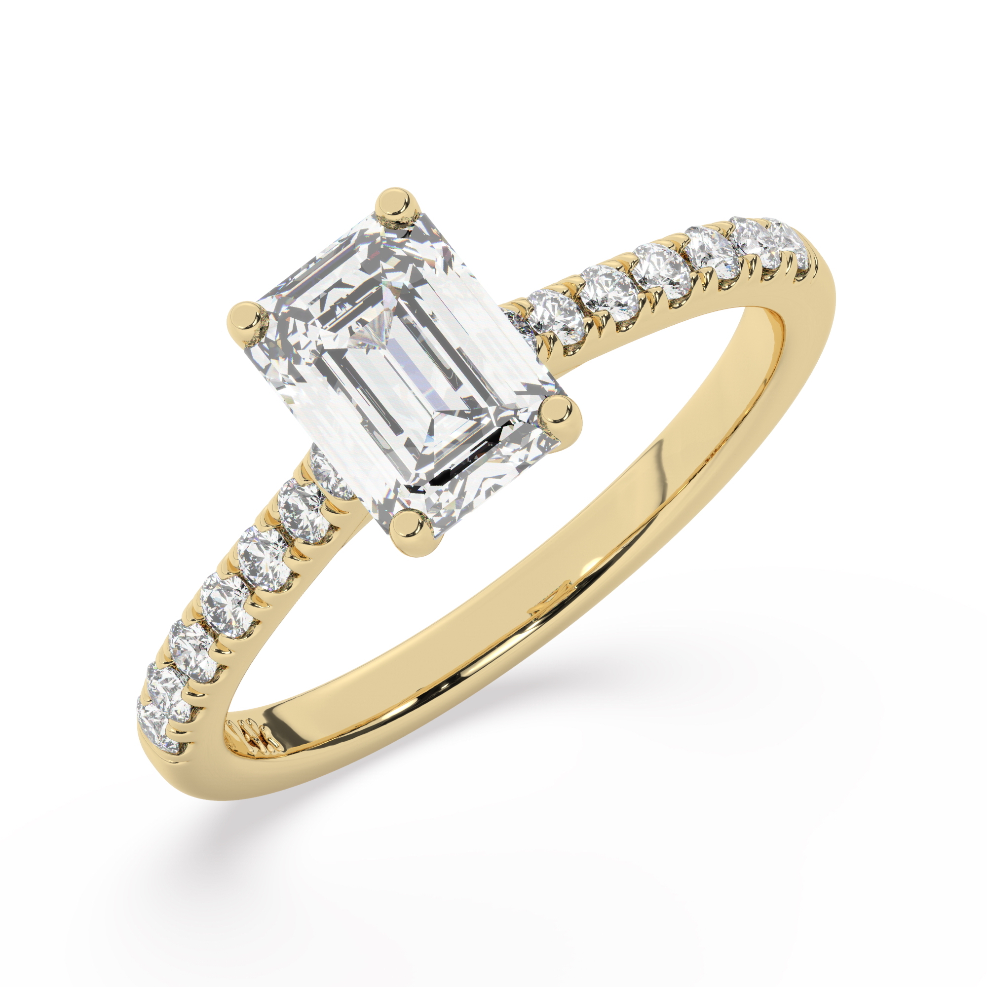 טבעת אירוסין סוליטר ויהלומים בצדדים דגם 50019 זהב צהוב 14 קראט במרכז זירקוניה 2.50 קראט בחיתוך אמרלד מסביב ובצדדים זירקונים בחיתוך עגול