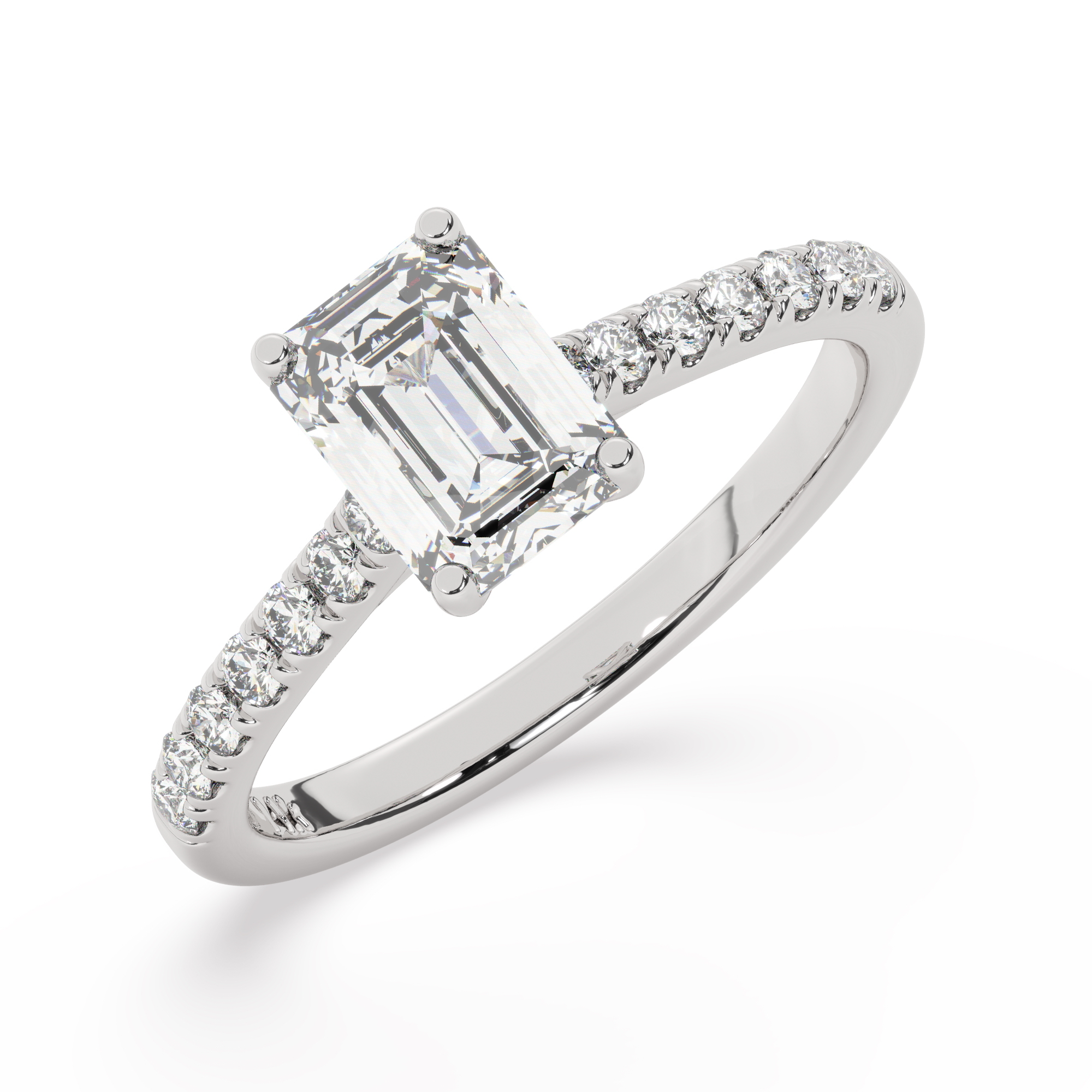 טבעת אירוסין סוליטר ויהלומים בצדדים דגם 50019 זהב לבן 14 קראט במרכז זירקוניה 0.50 קראט בחיתוך אמרלד מסביב ובצדדים זירקונים בחיתוך עגול