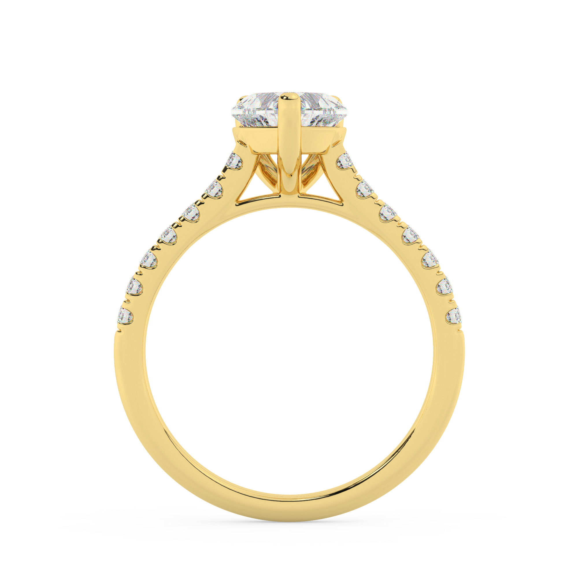 טבעת אירוסין סוליטר ויהלומים בצדדים דגם 50019 זהב צהוב 14 קראט במרכז זירקוניה 2 קראט בחיתוך לב מסביב ובצדדים זירקונים בחיתוך עגול – תמונה 3