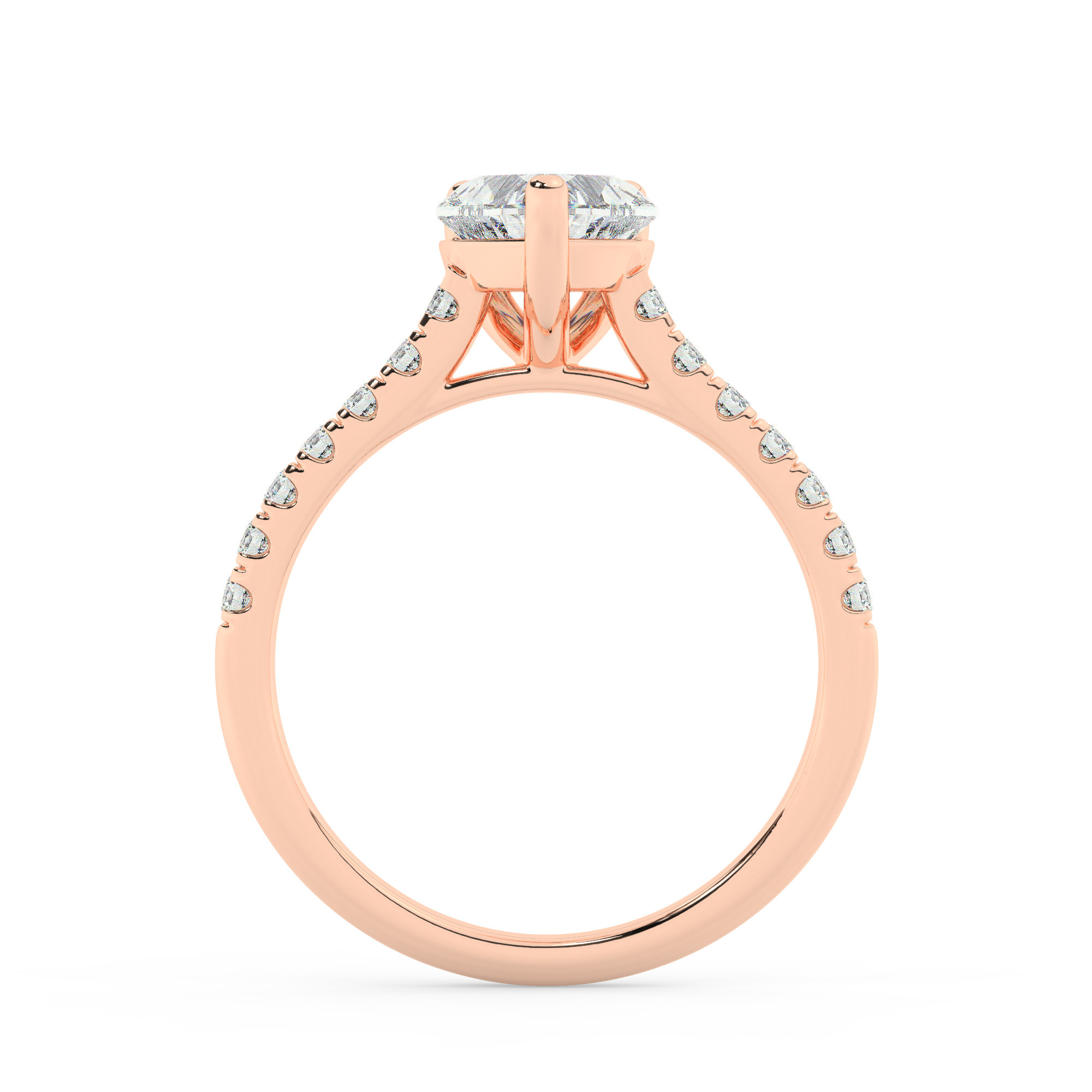 טבעת אירוסין סוליטר ויהלומים בצדדים דגם 50019 זהב אדום רוזגולד 14 קראט במרכז זירקוניה 4 קראט בחיתוך לב מסביב ובצדדים זירקונים בחיתוך עגול – תמונה 3