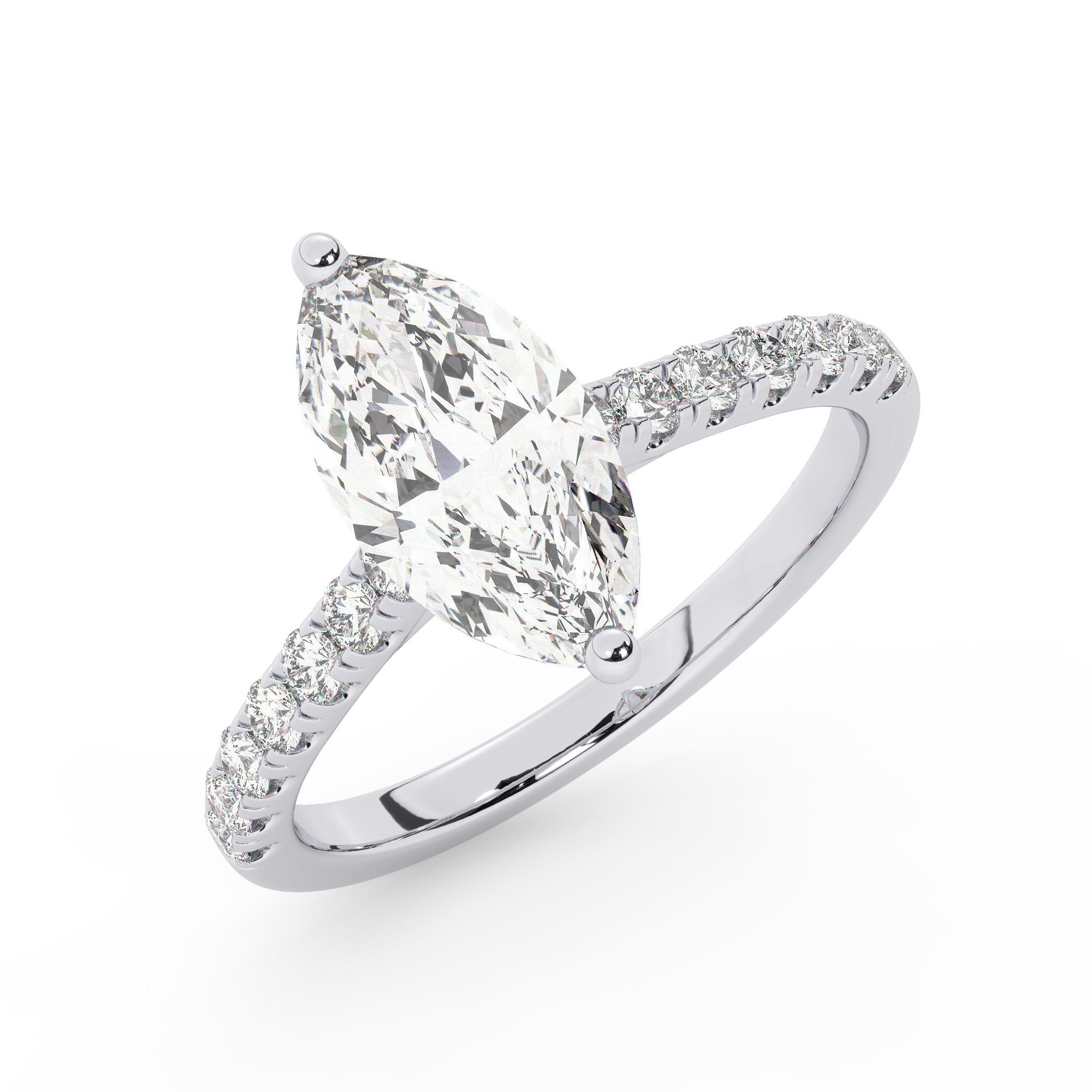 טבעת אירוסין סוליטר ויהלומים בצדדים דגם 50019 כסף מצופה זהב לבן במרכז זירקוניה 1 קראט בחיתוך מרקיזה מסביב ובצדדים זירקונים בחיתוך עגול