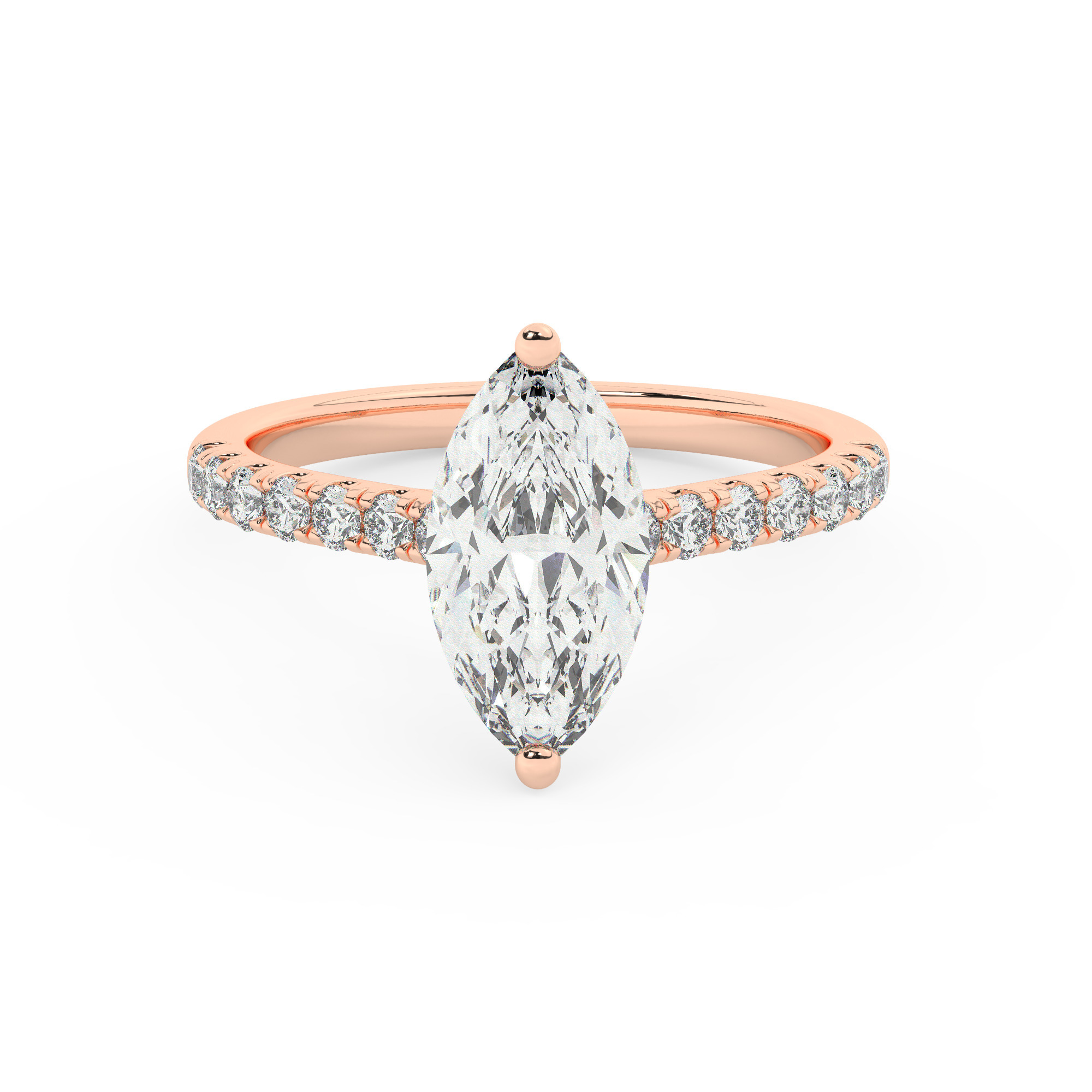 טבעת אירוסין סוליטר ויהלומים בצדדים דגם 50019 זהב אדום רוזגולד 14 קראט במרכז זירקוניה 4 קראט בחיתוך מרקיזה מסביב ובצדדים זירקונים בחיתוך עגול – תמונה 2