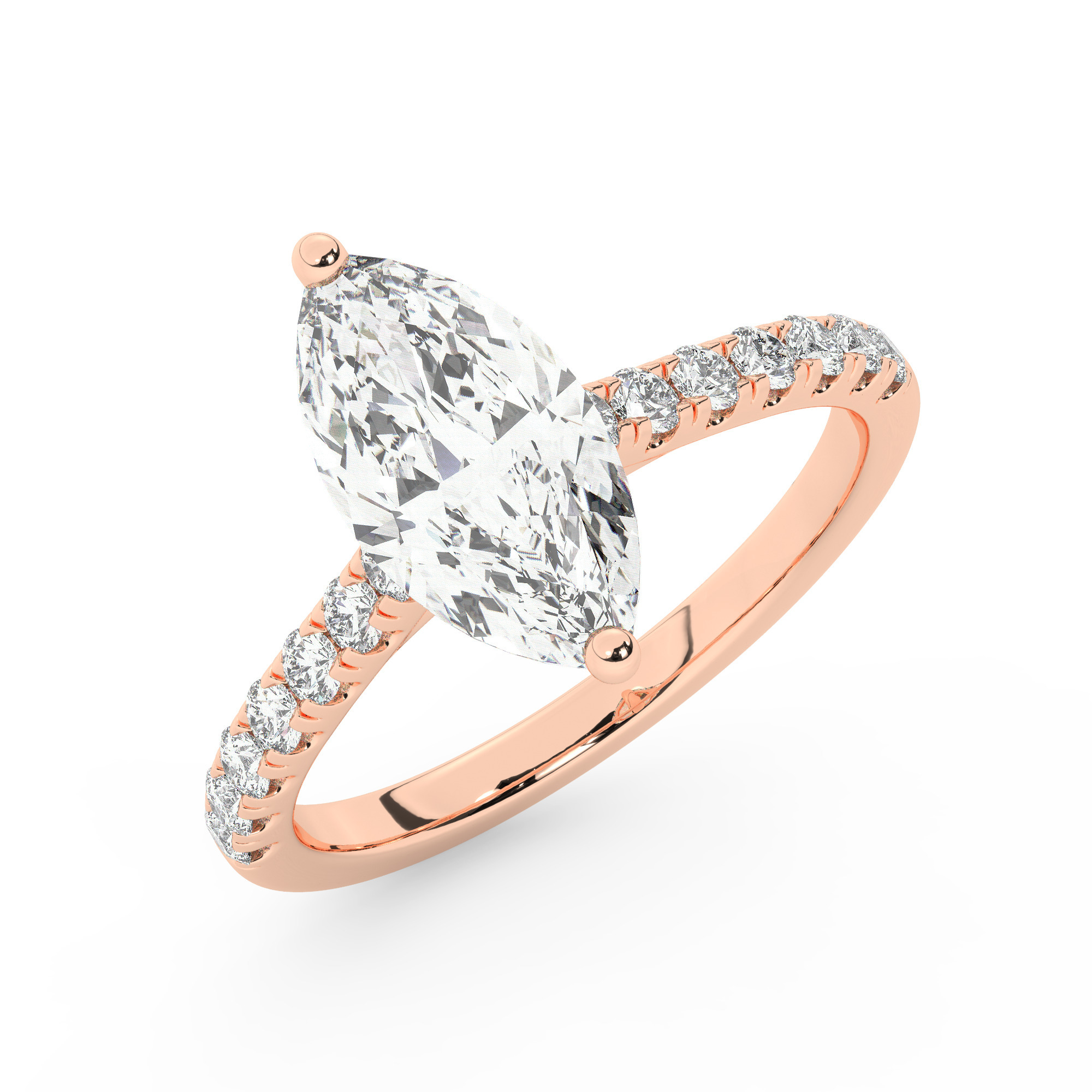 טבעת אירוסין סוליטר ויהלומים בצדדים דגם 50019 זהב אדום רוזגולד 14 קראט במרכז זירקוניה 0.75 קראט בחיתוך מרקיזה מסביב ובצדדים זירקונים בחיתוך עגול