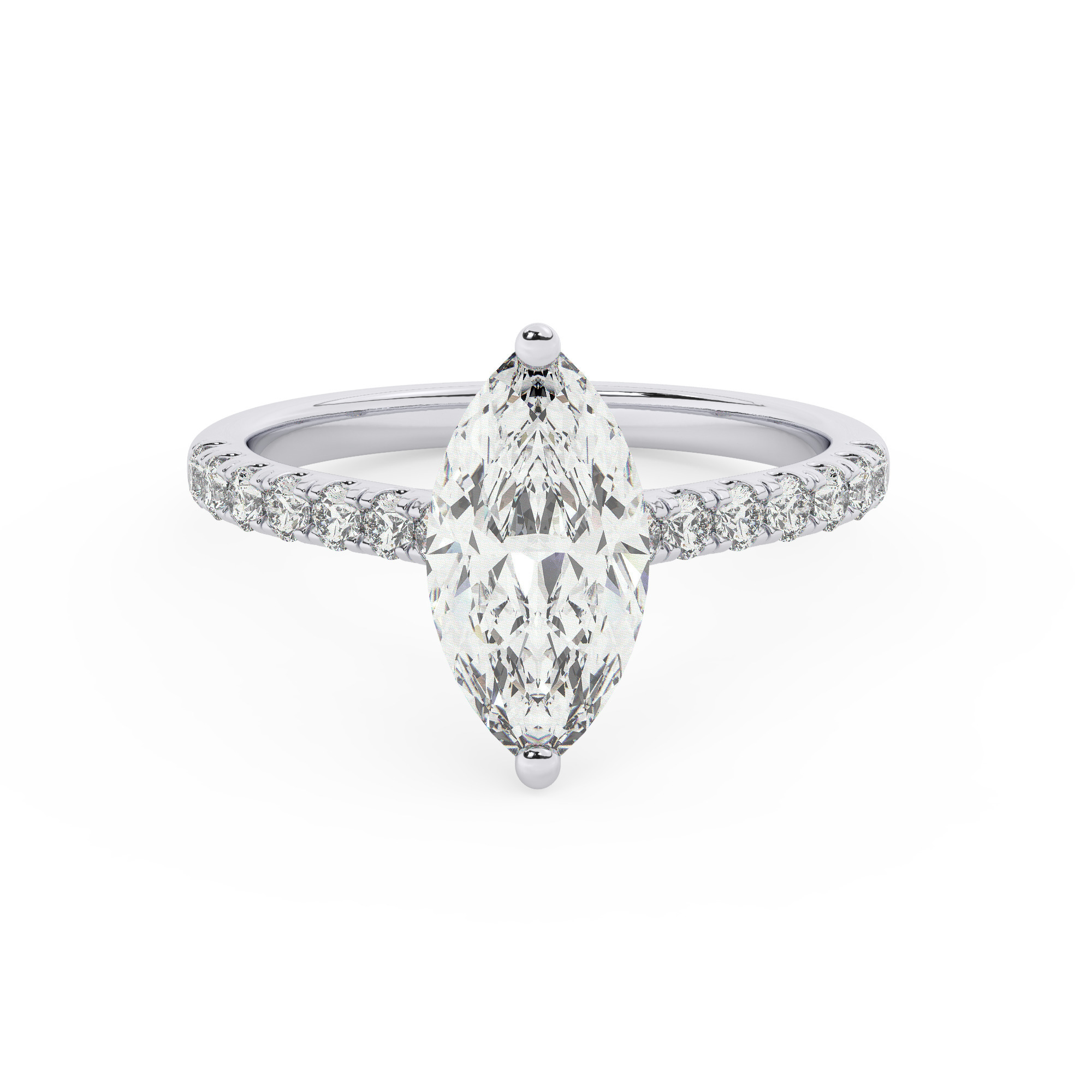 טבעת אירוסין סוליטר ויהלומים בצדדים דגם 50019 זהב לבן 14 קראט במרכז זירקוניה 0.75 קראט בחיתוך מרקיזה מסביב ובצדדים זירקונים בחיתוך עגול – תמונה 2