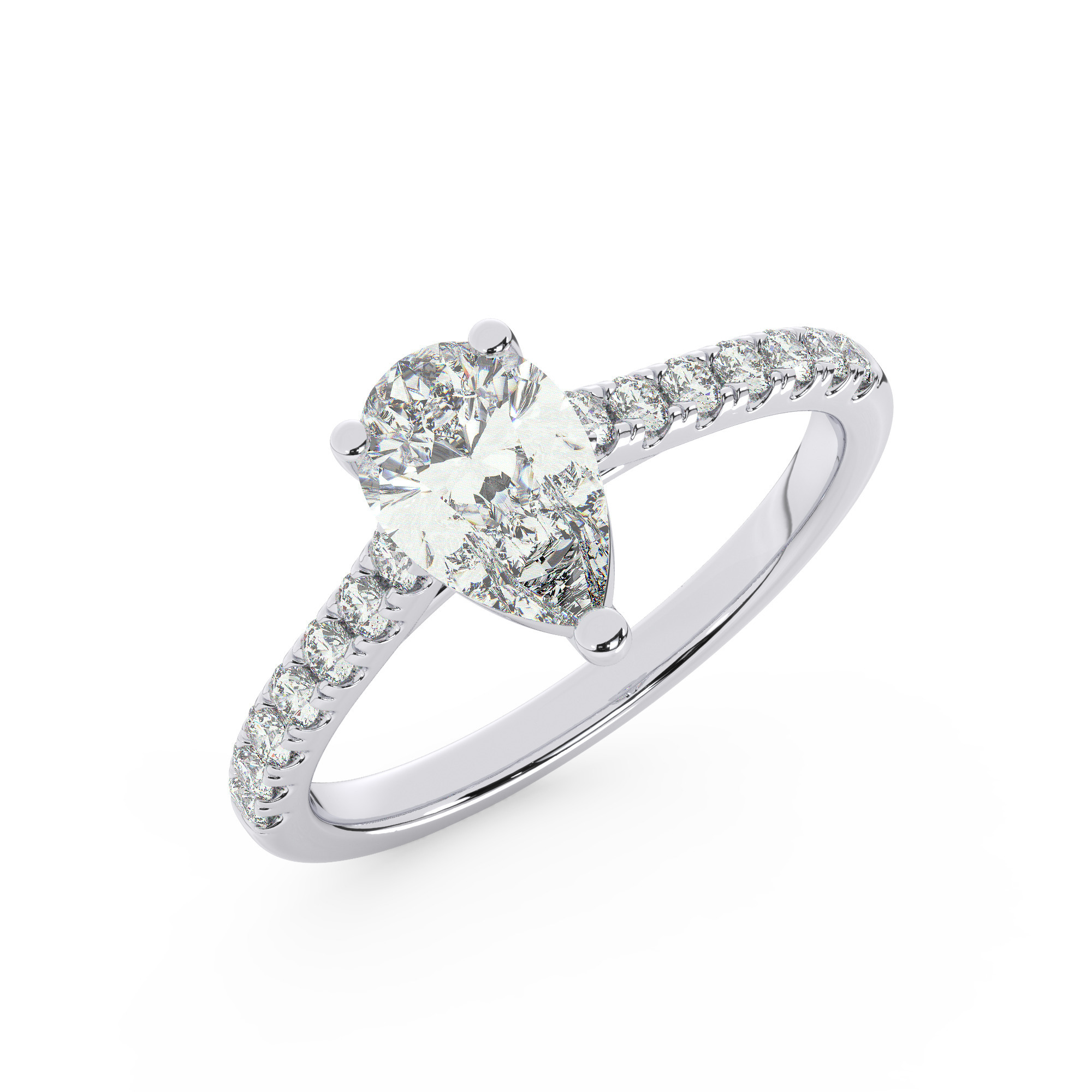 טבעת אירוסין סוליטר ויהלומים בצדדים דגם 50019 זהב לבן 14 קראט במרכז זירקוניה 2.50 קראט בחיתוך טיפה מסביב ובצדדים זירקונים בחיתוך עגול