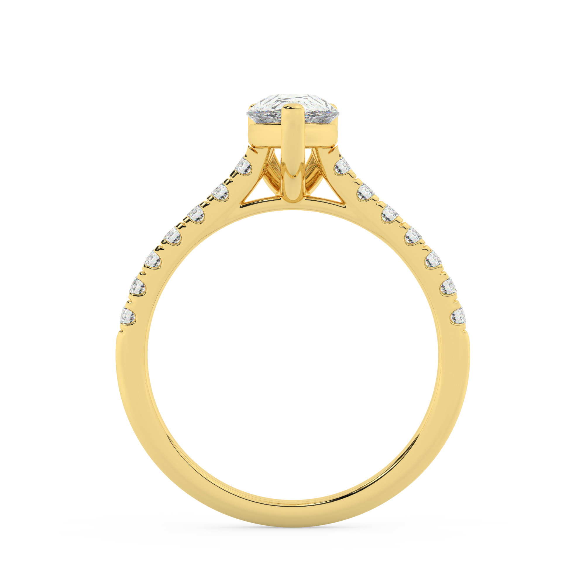 טבעת אירוסין סוליטר ויהלומים בצדדים דגם 50019 זהב צהוב 14 קראט במרכז זירקוניה 4 קראט בחיתוך טיפה מסביב ובצדדים זירקונים בחיתוך עגול – תמונה 3