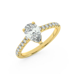 טבעת אירוסין סוליטר ויהלומים בצדדים דגם 50019 זהב צהוב 14 קראט במרכז זירקוניה 5 קראט בחיתוך טיפה מסביב ובצדדים זירקונים בחיתוך עגול