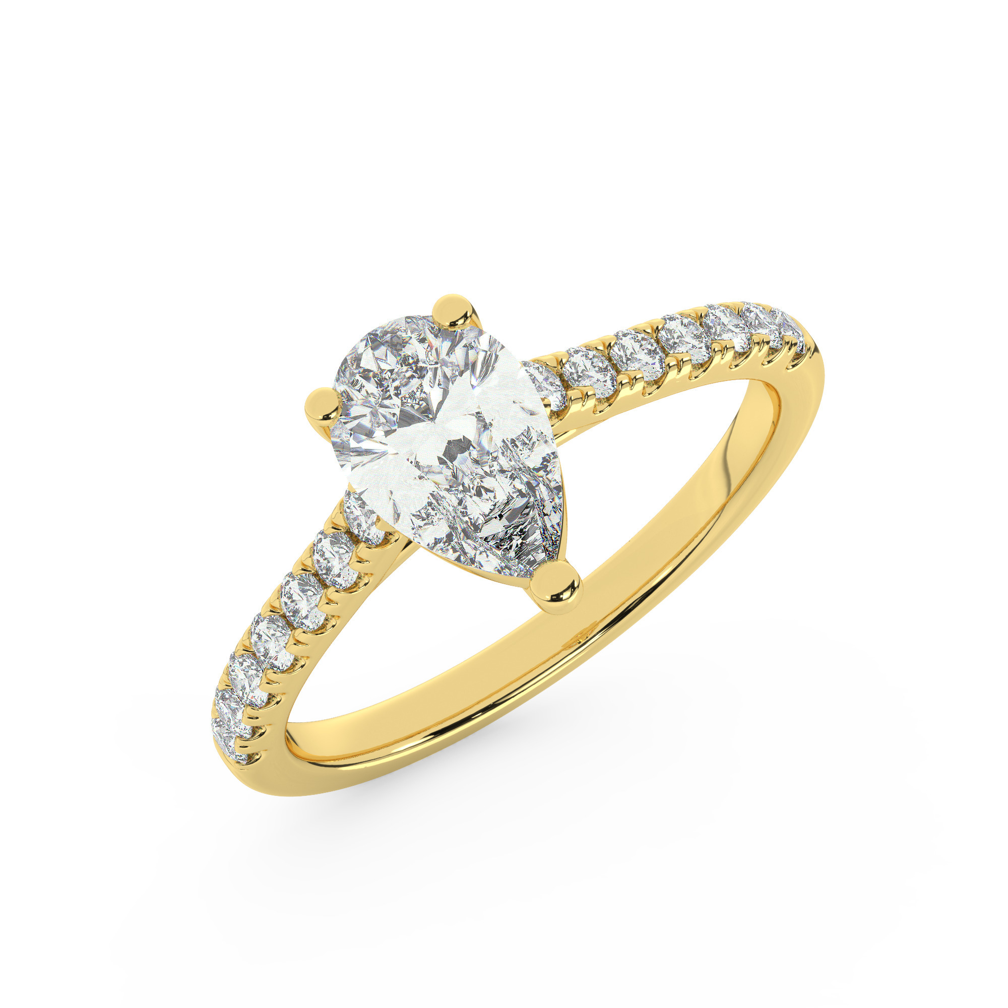 טבעת אירוסין סוליטר ויהלומים בצדדים דגם 50019 זהב צהוב 14 קראט במרכז זירקוניה 0.50 קראט בחיתוך טיפה מסביב ובצדדים זירקונים בחיתוך עגול