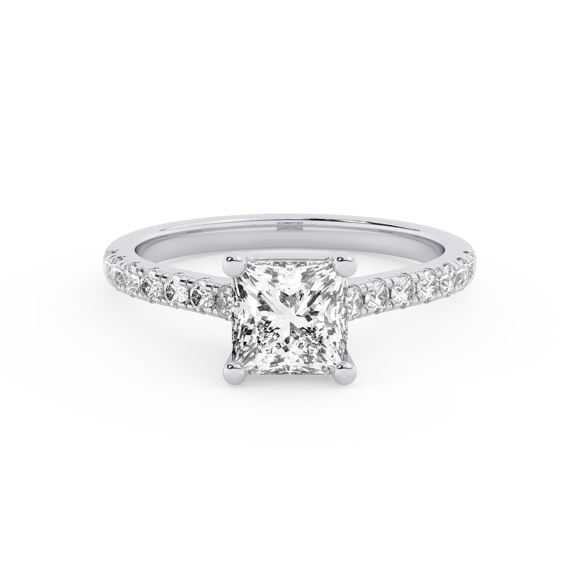 טבעת אירוסין סוליטר ויהלומים בצדדים דגם 50019 זהב לבן 14 קראט במרכז זירקוניה 0.75 קראט בחיתוך פרינסס מסביב ובצדדים זירקונים בחיתוך עגול – תמונה 2