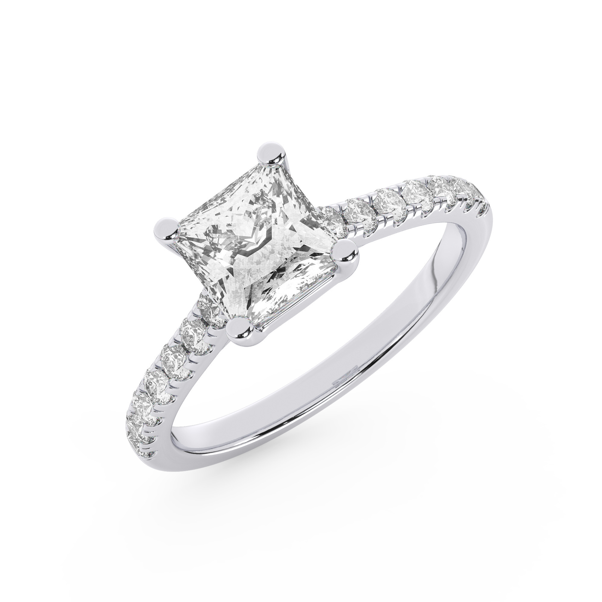 טבעת אירוסין סוליטר ויהלומים בצדדים דגם 50019 כסף מצופה זהב לבן במרכז זירקוניה 0.75 קראט בחיתוך פרינסס מסביב ובצדדים זירקונים בחיתוך עגול