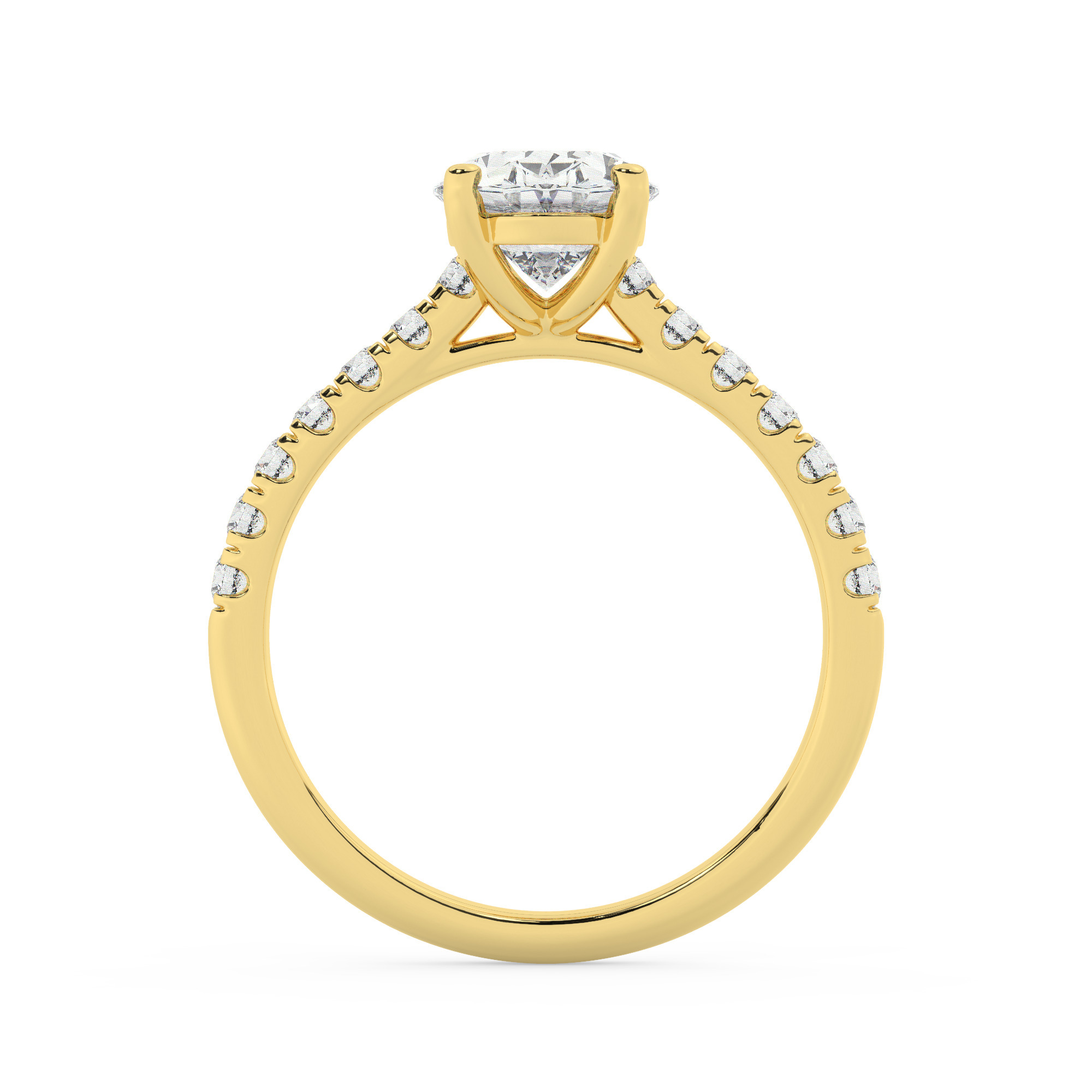 טבעת אירוסין סוליטר ויהלומים בצדדים דגם 50019 זהב צהוב 14 קראט במרכז זירקוניה 2 קראט בחיתוך אובל מסביב ובצדדים זירקונים בחיתוך עגול – תמונה 3