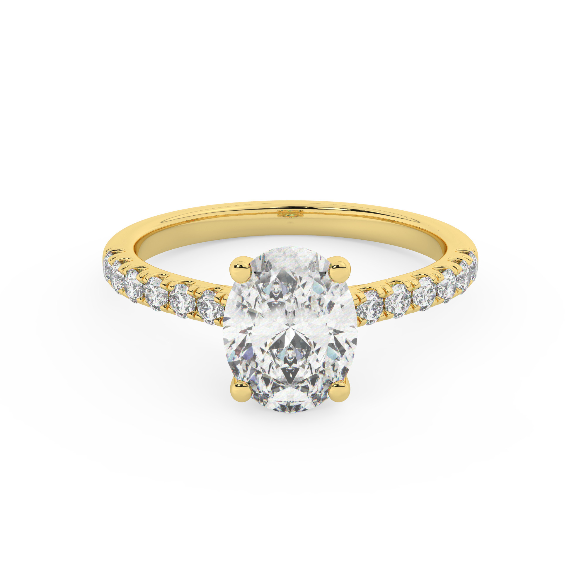 טבעת אירוסין סוליטר ויהלומים בצדדים דגם 50019 זהב צהוב 14 קראט במרכז זירקוניה 2 קראט בחיתוך אובל מסביב ובצדדים זירקונים בחיתוך עגול – תמונה 2