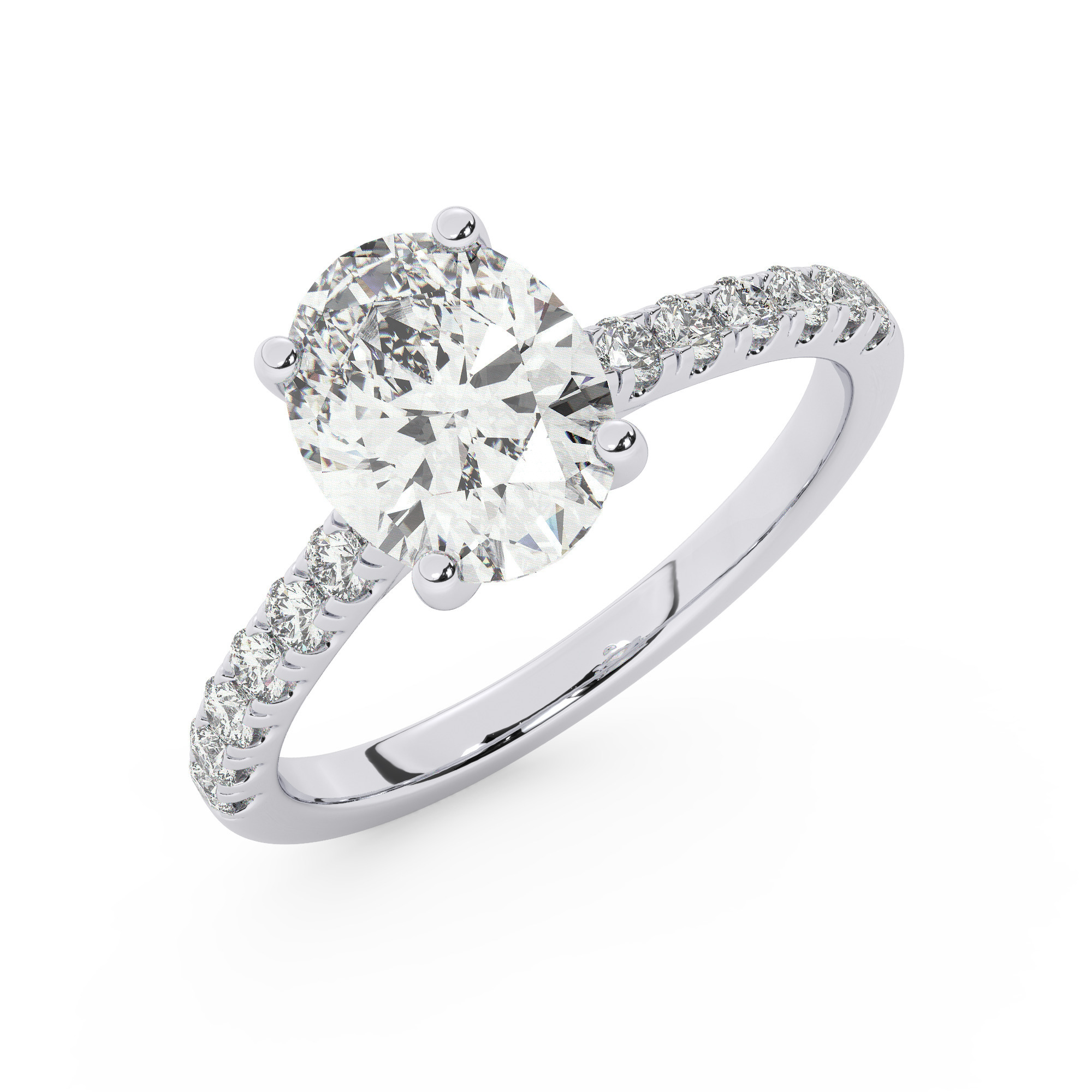 טבעת אירוסין סוליטר ויהלומים בצדדים דגם 50019 זהב לבן 14 קראט במרכז זירקוניה 2 קראט בחיתוך אובל מסביב ובצדדים זירקונים בחיתוך עגול